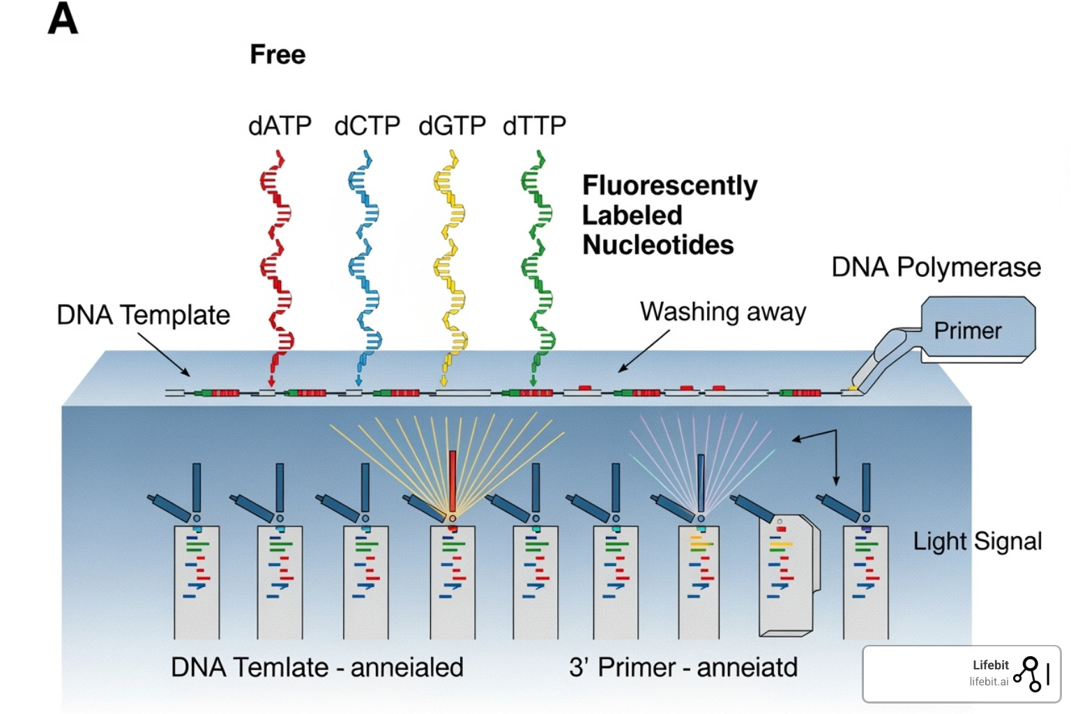 Illustration showing the steps of Sequencing by Synthesis (SBS) from DNA template binding to fluorescent signal detection and base calling - next-generation sequencing