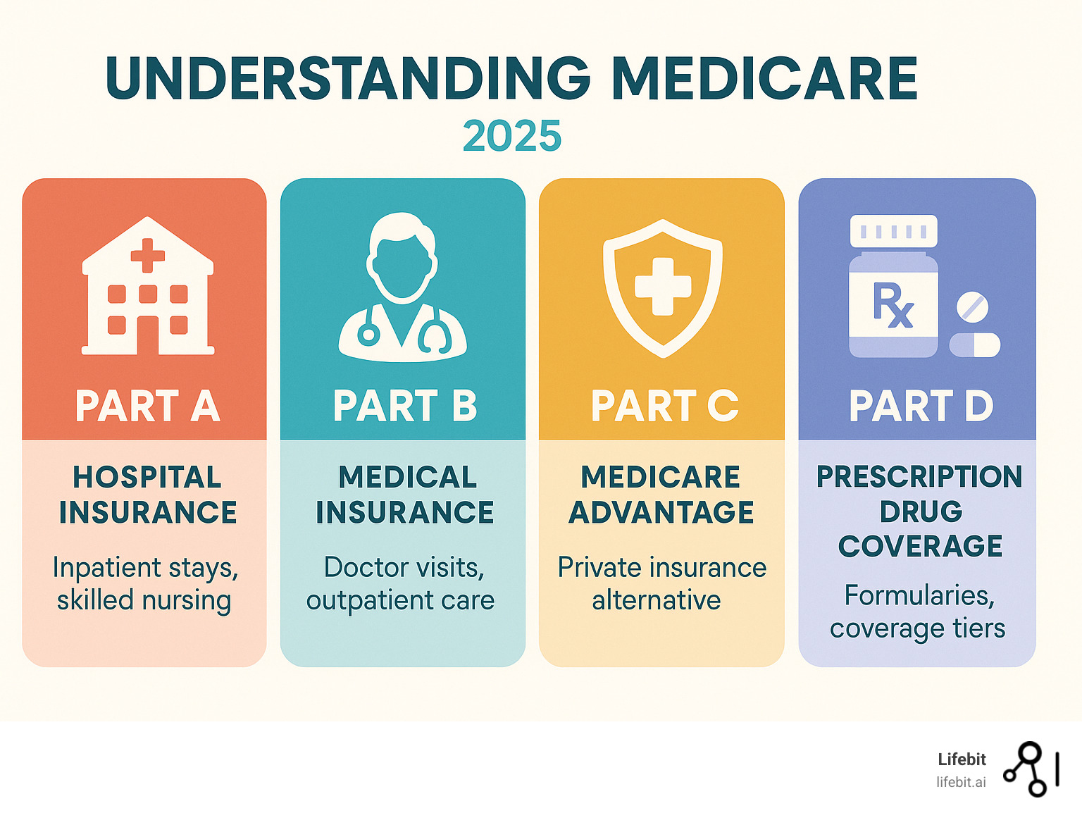 Infographic showing the four main parts of Medicare: Part A covering hospital insurance with inpatient stays and skilled nursing facilities, Part B covering medical insurance with doctor visits and outpatient care, Part C showing Medicare Advantage as private insurance alternatives combining multiple parts, and Part D covering prescription drug plans with formularies and coverage tiers - medicare infographic 