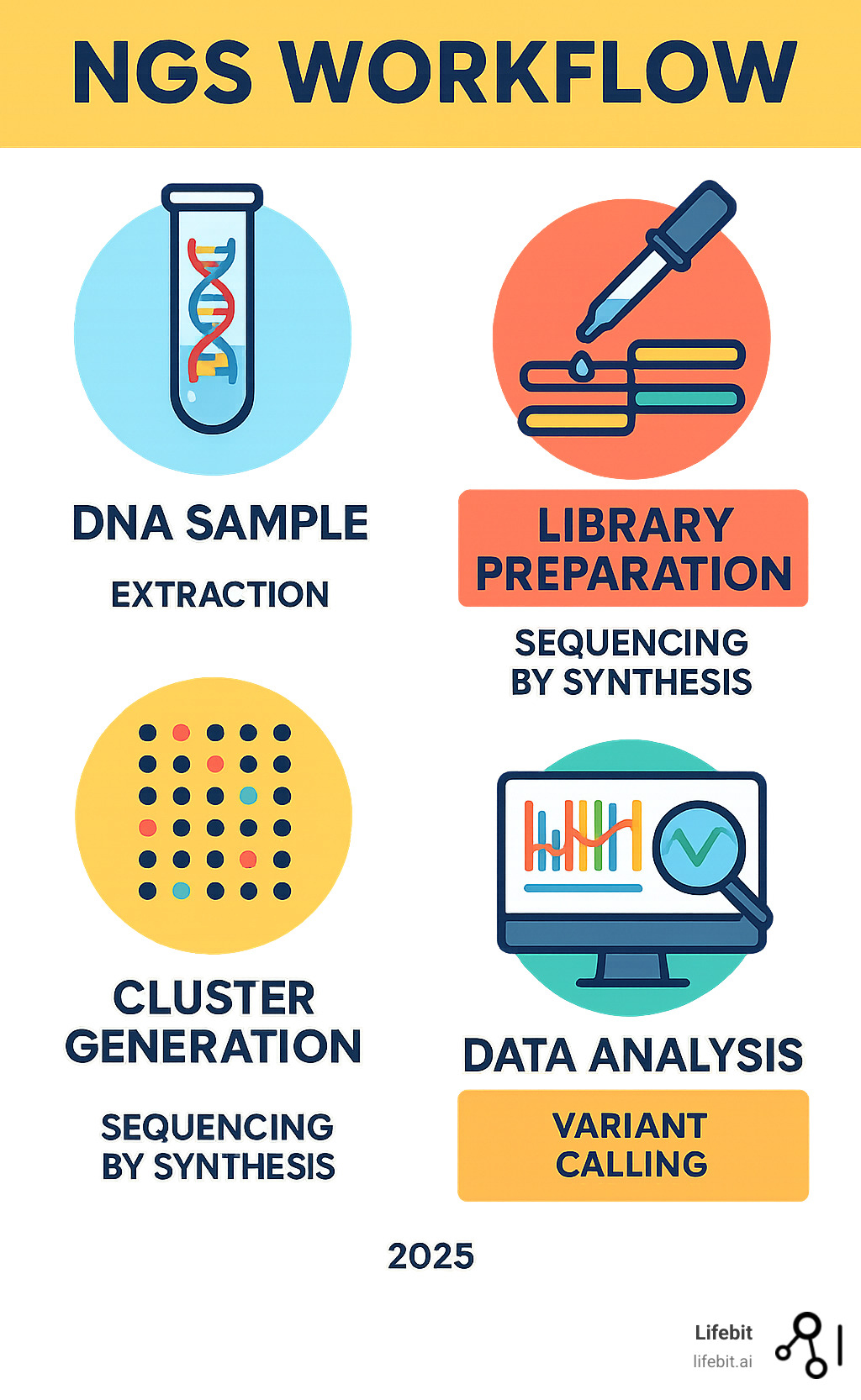 Infographic showing NGS workflow from DNA sample extraction through library preparation, cluster generation, sequencing by synthesis, to final data analysis and variant calling - next-generation sequencing infographic 
