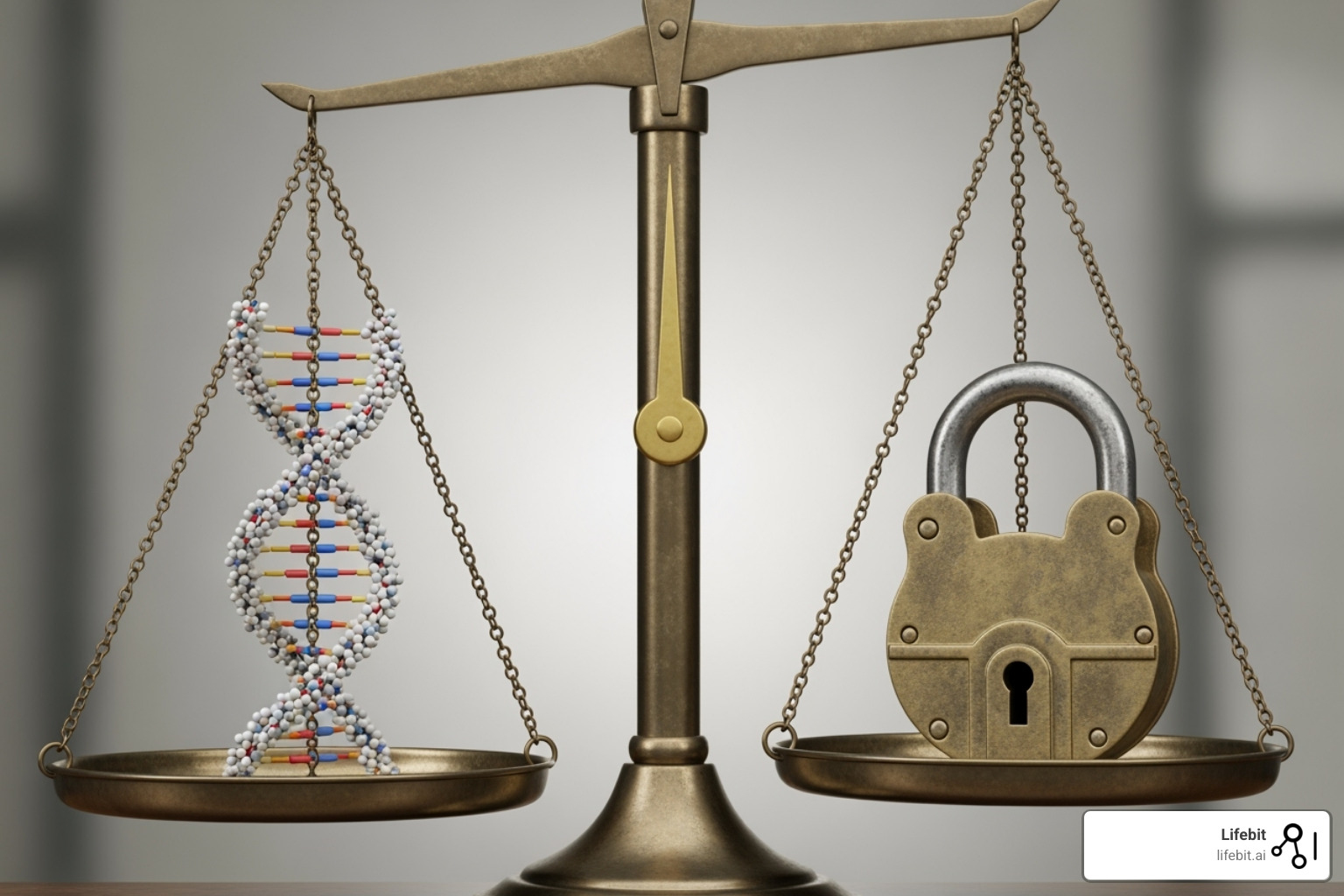 A scale balancing a DNA helix on one side and a privacy lock on the other - medical research data sharing