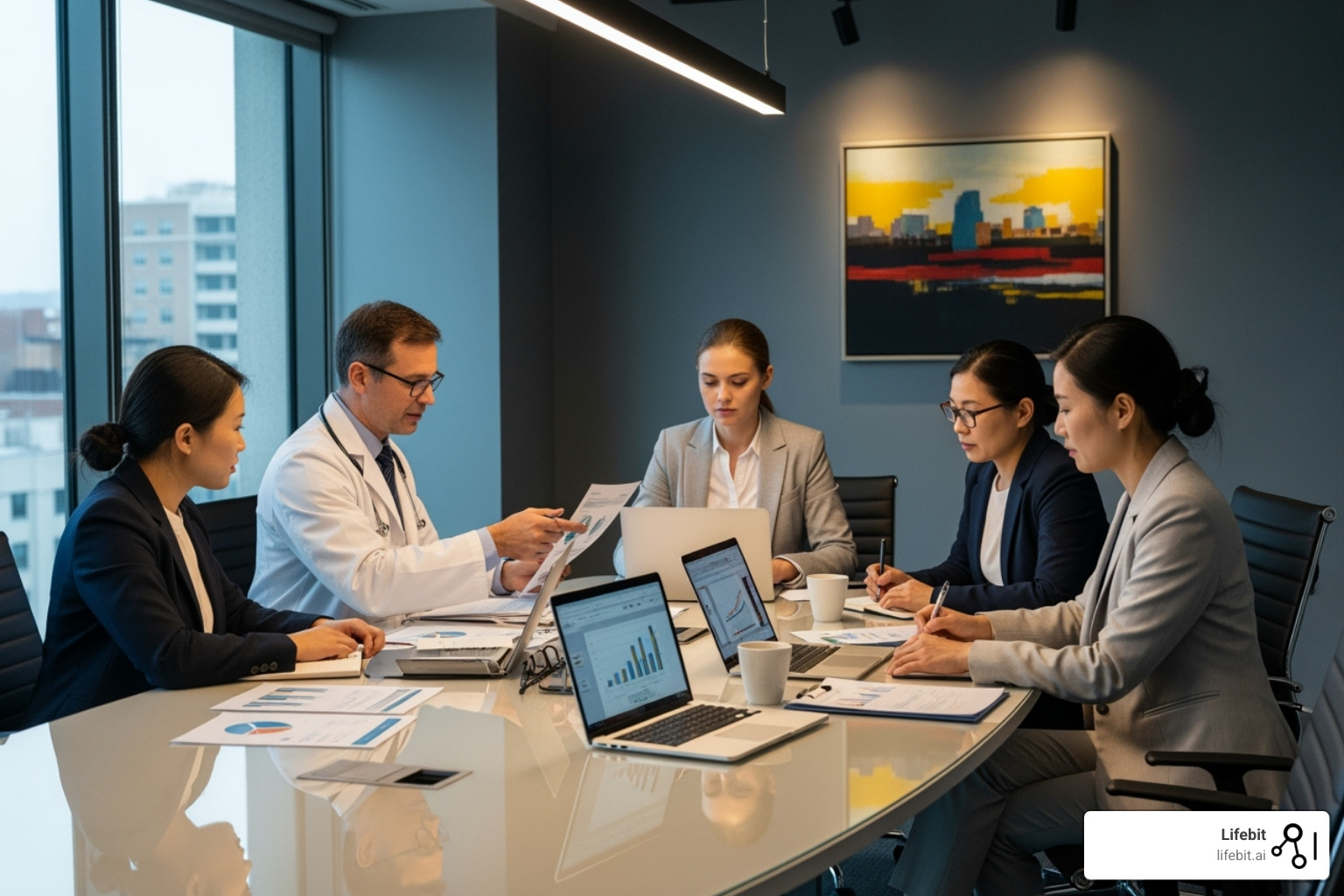 Diverse stakeholders (doctors, researchers, patients, regulators) around a table discussing data sharing - medical research data sharing