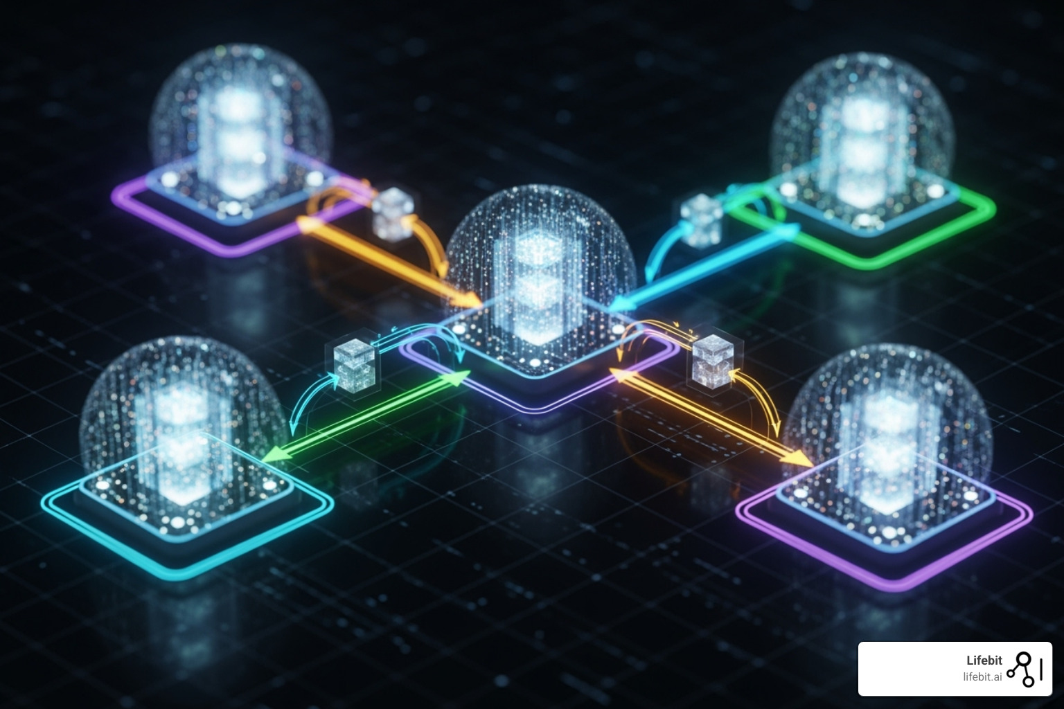 Federated network diagram showing data staying local at various nodes while analysis runs across the network - medical research data sharing