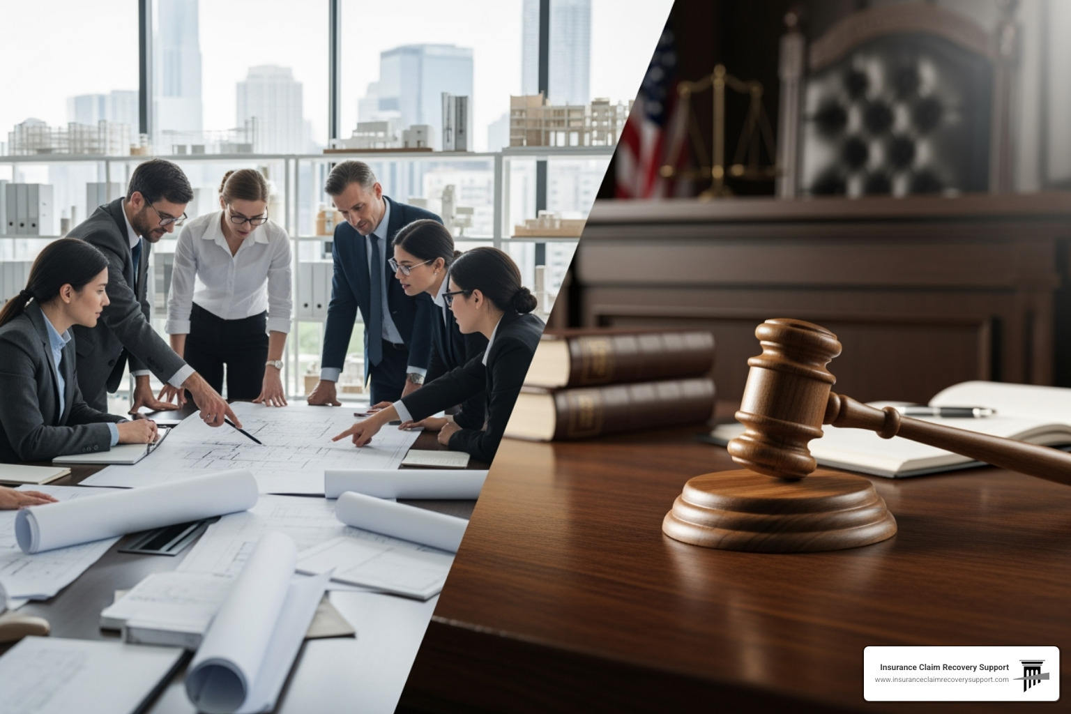 Negotiation table with blueprints, contrasting with a courtroom gavel - The Case for Engaging Public Adjusters Early in Large-Loss Claims
