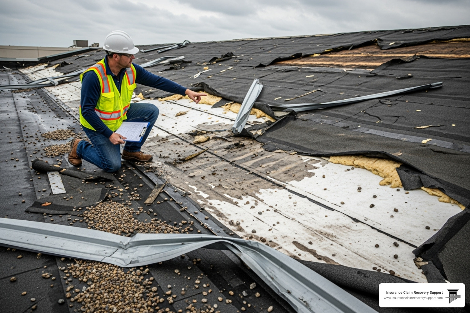 Public adjuster inspecting complex storm damage on a commercial roof - The Case for Engaging Public Adjusters Early in Large-Loss Claims