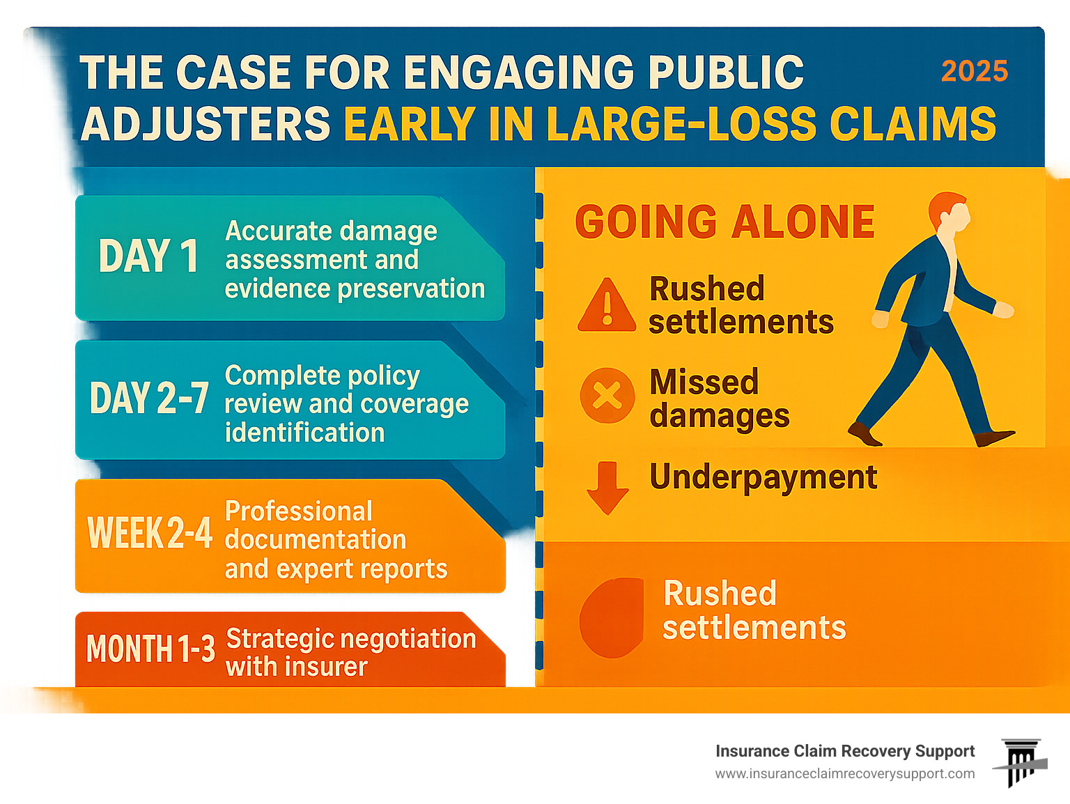 Infographic showing the timeline of early public adjuster engagement benefits: Day 1 - Accurate damage assessment and evidence preservation, Day 2-7 - Complete policy review and coverage identification, Week 2-4 - Professional documentation and expert reports, Month 1-3 - Strategic negotiation with insurer, versus going alone which typically results in rushed settlements, missed damages, and underpayment - The Case for Engaging Public Adjusters Early in Large-Loss Claims infographic 