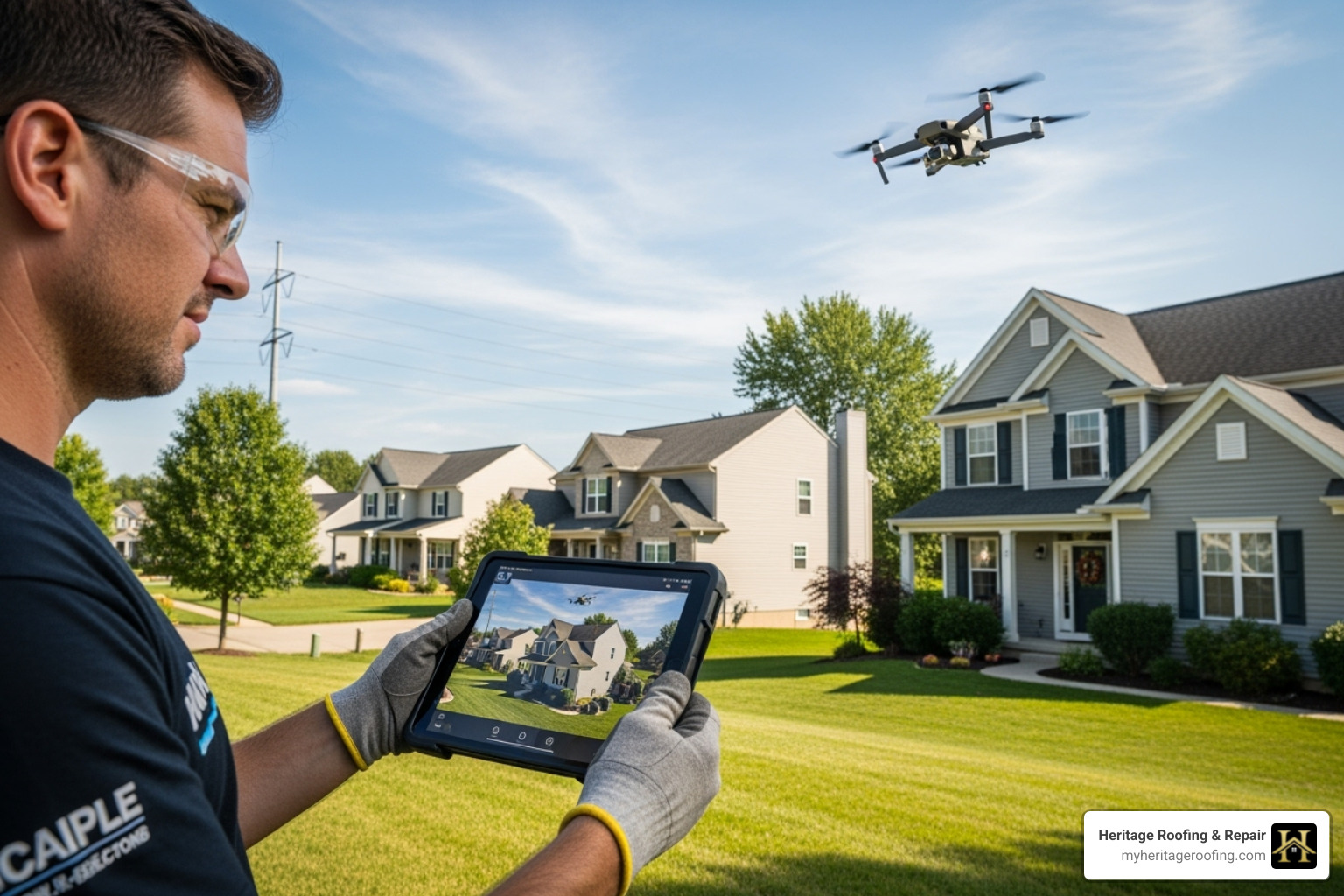 roofer using a drone to perform a detailed roof inspection - Local roofing solutions