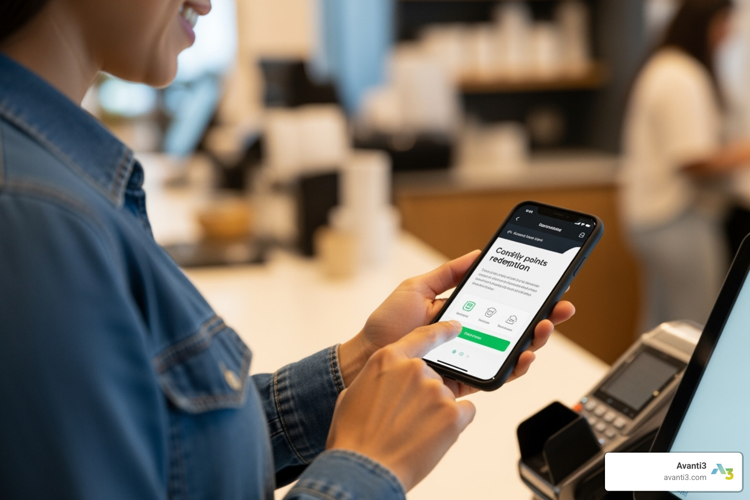 Customer using mobile app to redeem loyalty points - Brand loyalty solutions Customer using mobile app to redeem loyalty points - Brand loyalty solutions