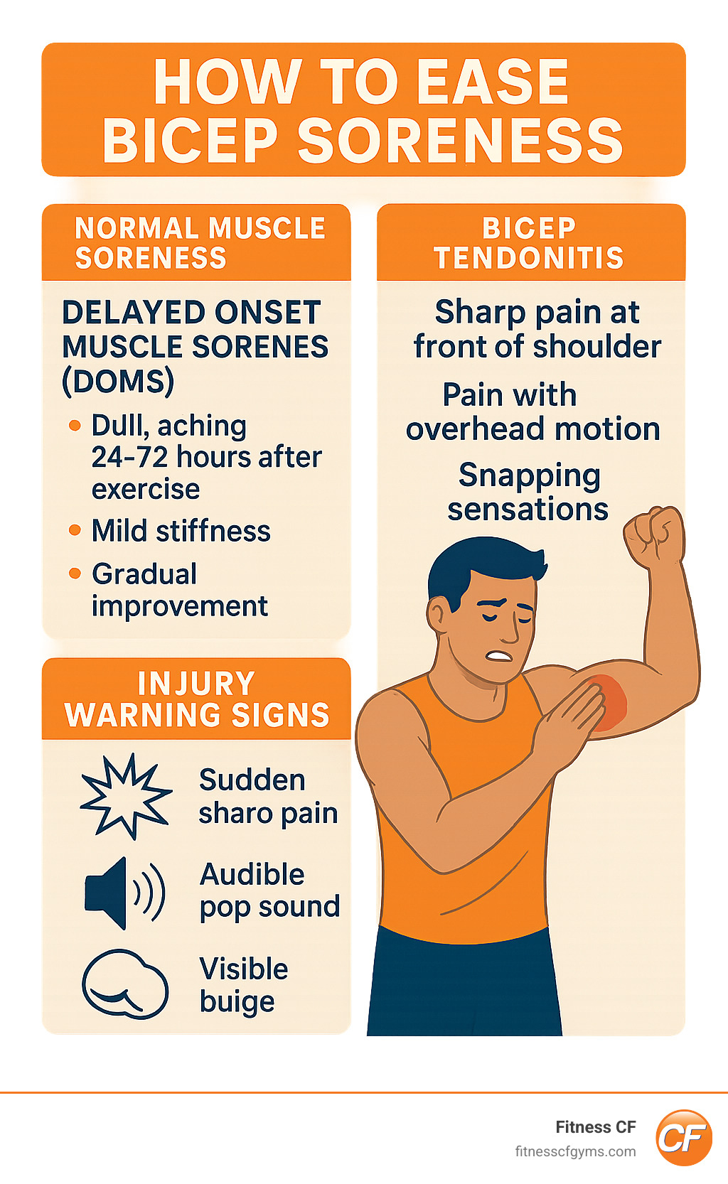 Comprehensive infographic showing the difference between normal muscle soreness (DOMS) characterized by dull aching 24-72 hours after exercise, mild stiffness, and gradual improvement versus bicep tendonitis with sharp pain at front of shoulder, pain with overhead motion, and snapping sensations, plus injury warning signs like sudden sharp pain, audible pop sound, visible bulge, and when to seek medical attention - how to ease bicep soreness infographic Comprehensive infographic showing the difference between normal muscle soreness (DOMS) characterized by dull aching 24-72 hours after exercise, mild stiffness, and gradual improvement versus bicep tendonitis with sharp pain at front of shoulder, pain with overhead motion, and snapping sensations, plus injury warning signs like sudden sharp pain, audible pop sound, visible bulge, and when to seek medical attention - how to ease bicep soreness infographic
