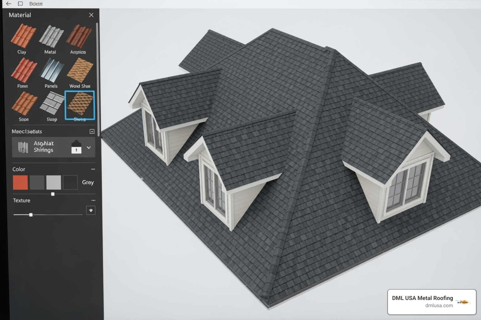 Software interface showing a 3D roof model with material selection - Metal roof design software