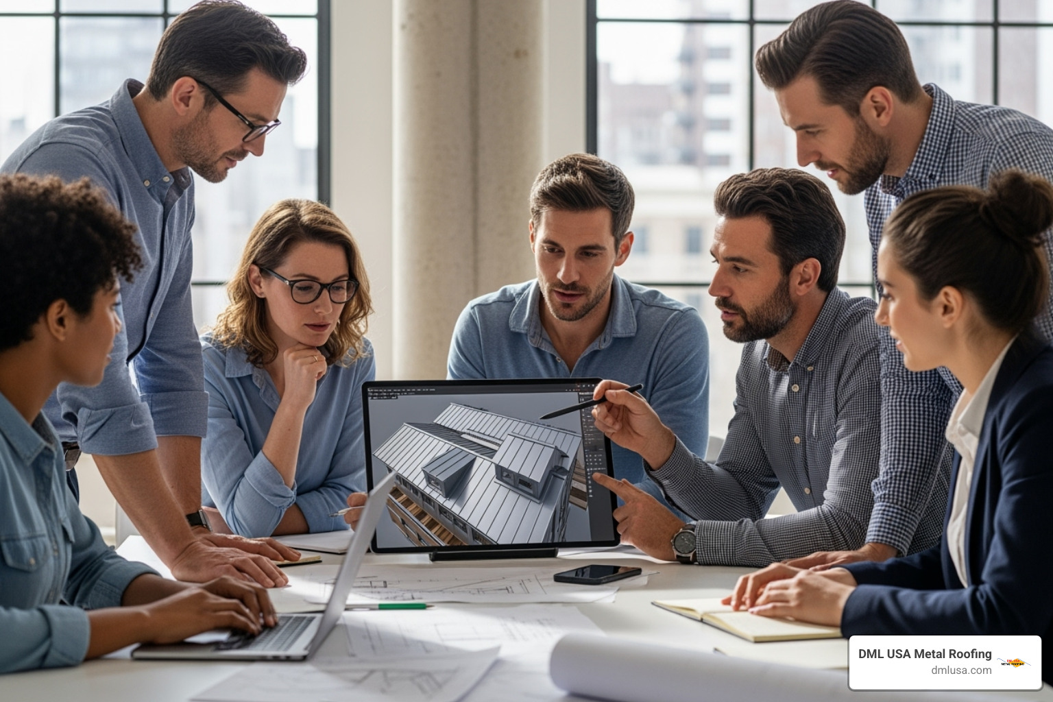 Team collaborating over a tablet showing a roof design - Metal roof design software