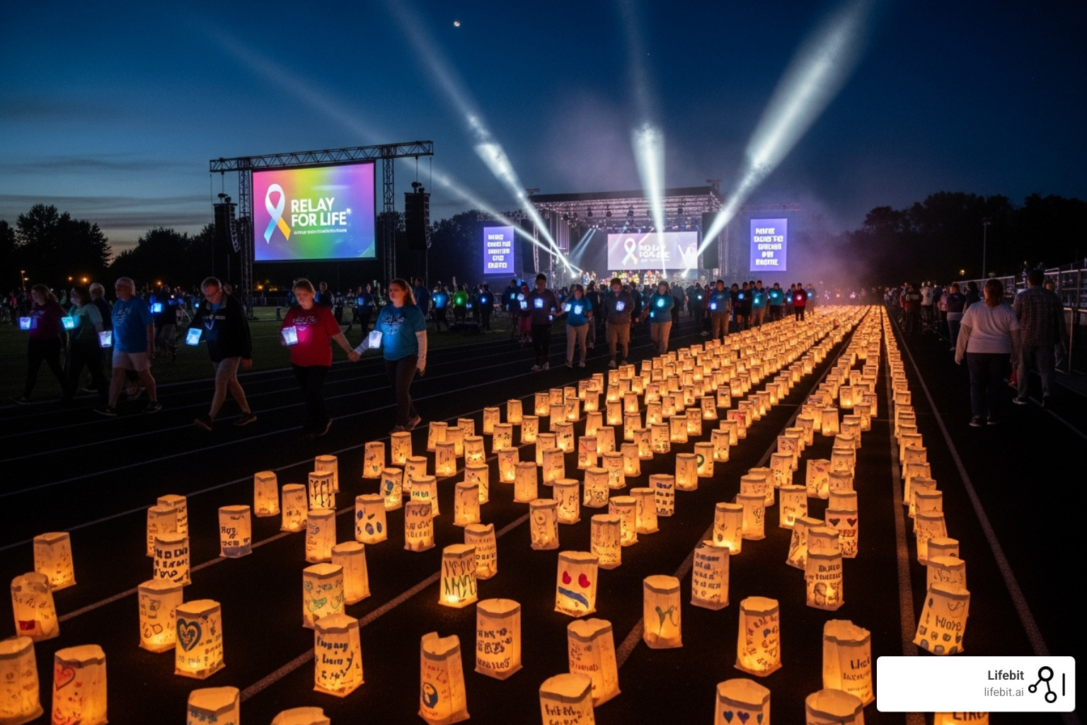 Vibrant Relay For Life event with luminaria bags in the background - american cancer society