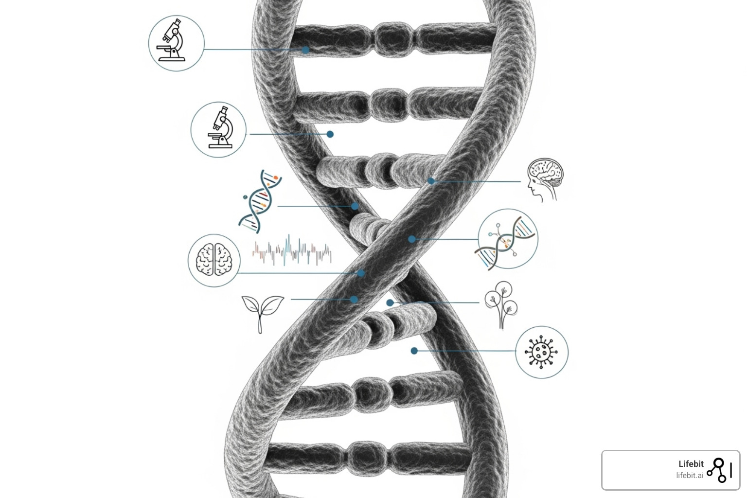 DNA helix surrounded by icons representing different NGS applications - next generation sequencer