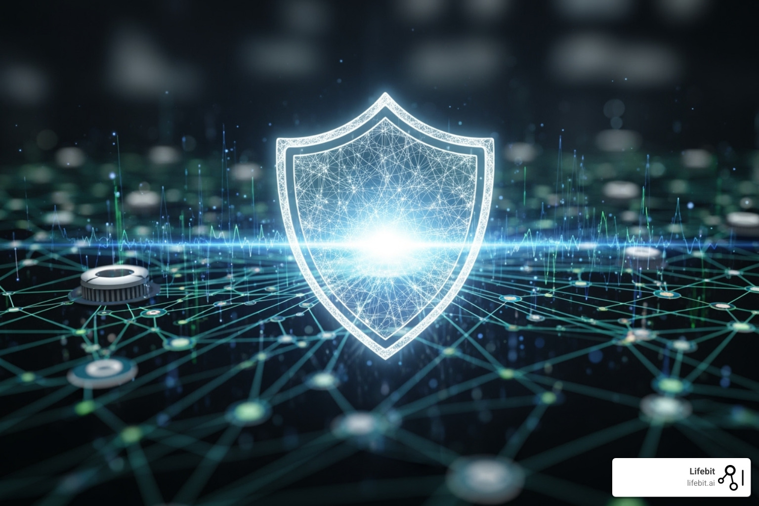 A shield icon overlaying a data network, representing security and privacy in federated learning - Federated learning in healthcare