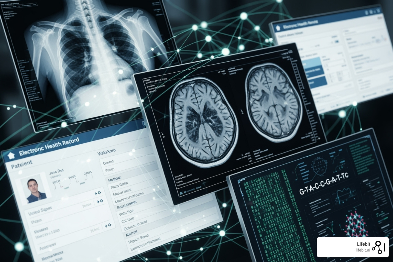 Medical imaging, EHR, and Genomics data being used in a federated network - Federated learning in healthcare