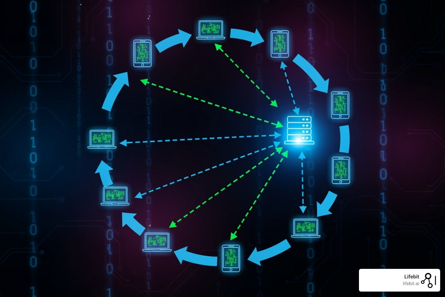 The cyclical process of federated learning: model distribution, local training, secure aggregation, and model update - Federated learning in healthcare