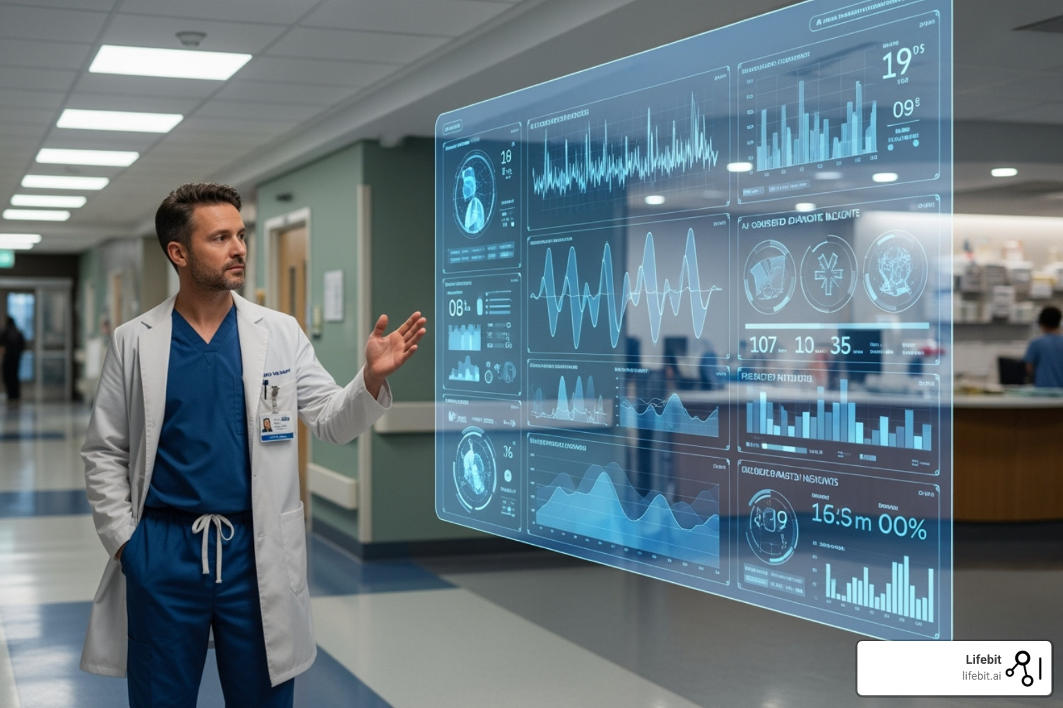 A clinician interacting with a computer displaying AI-driven insights, integrated into a hospital workflow - Federated learning in healthcare
