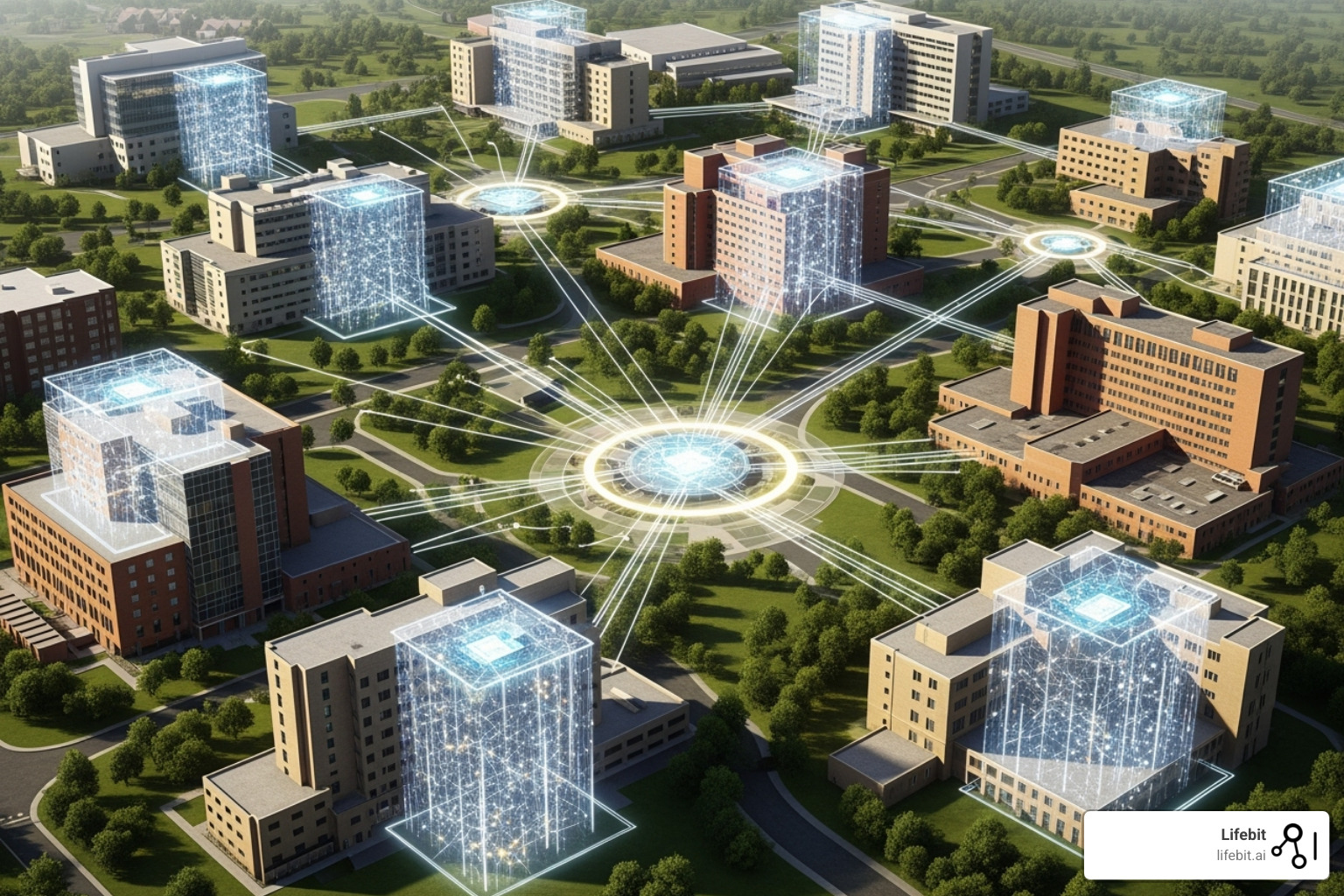 Federated network diagram showing data remaining in local hospital environments - Precision health data