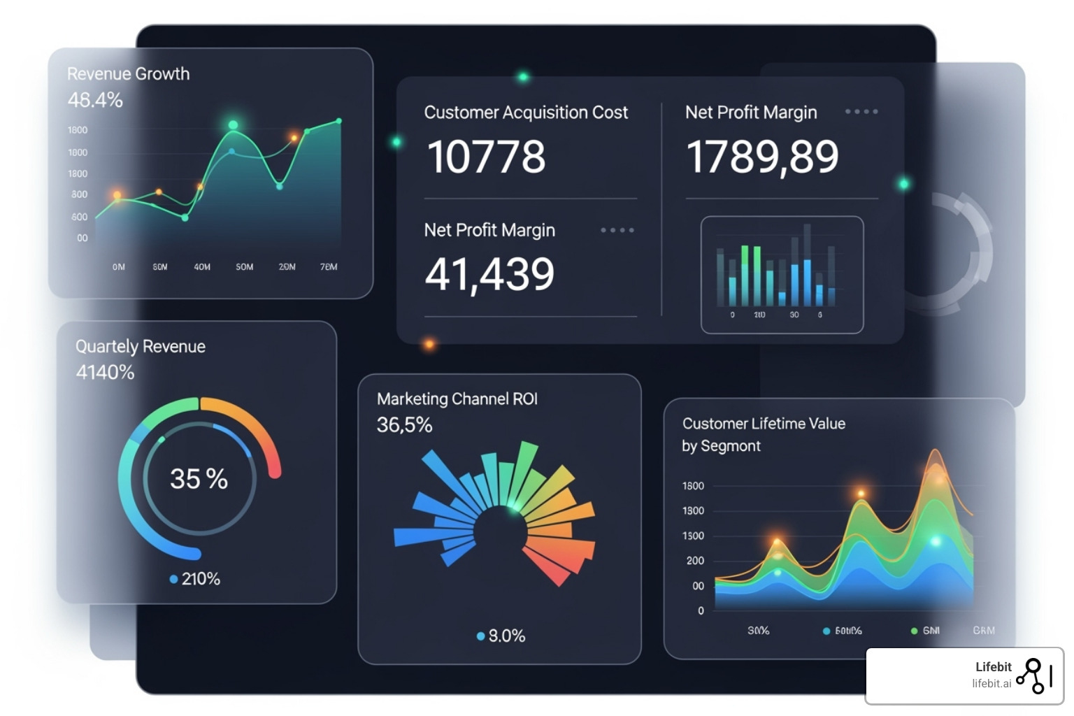 Dashboard showing key performance indicators (KPIs) and Return on Investment (ROI) metrics for a business - Advanced analytics solutions