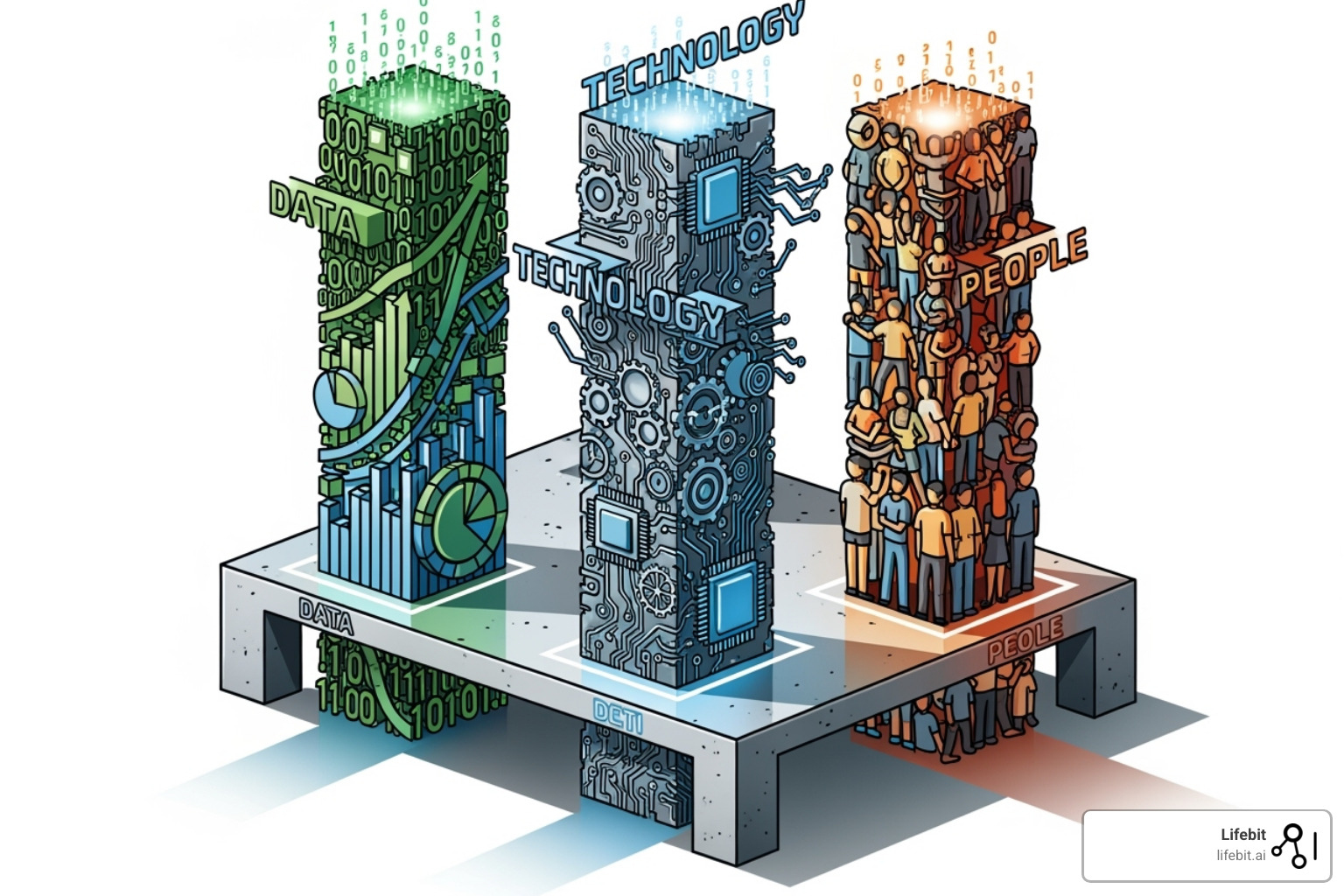 Illustration showing three pillars: Data, Technology, and People, supporting a platform labeled "Advanced Analytics Solution" - Advanced analytics solutions
