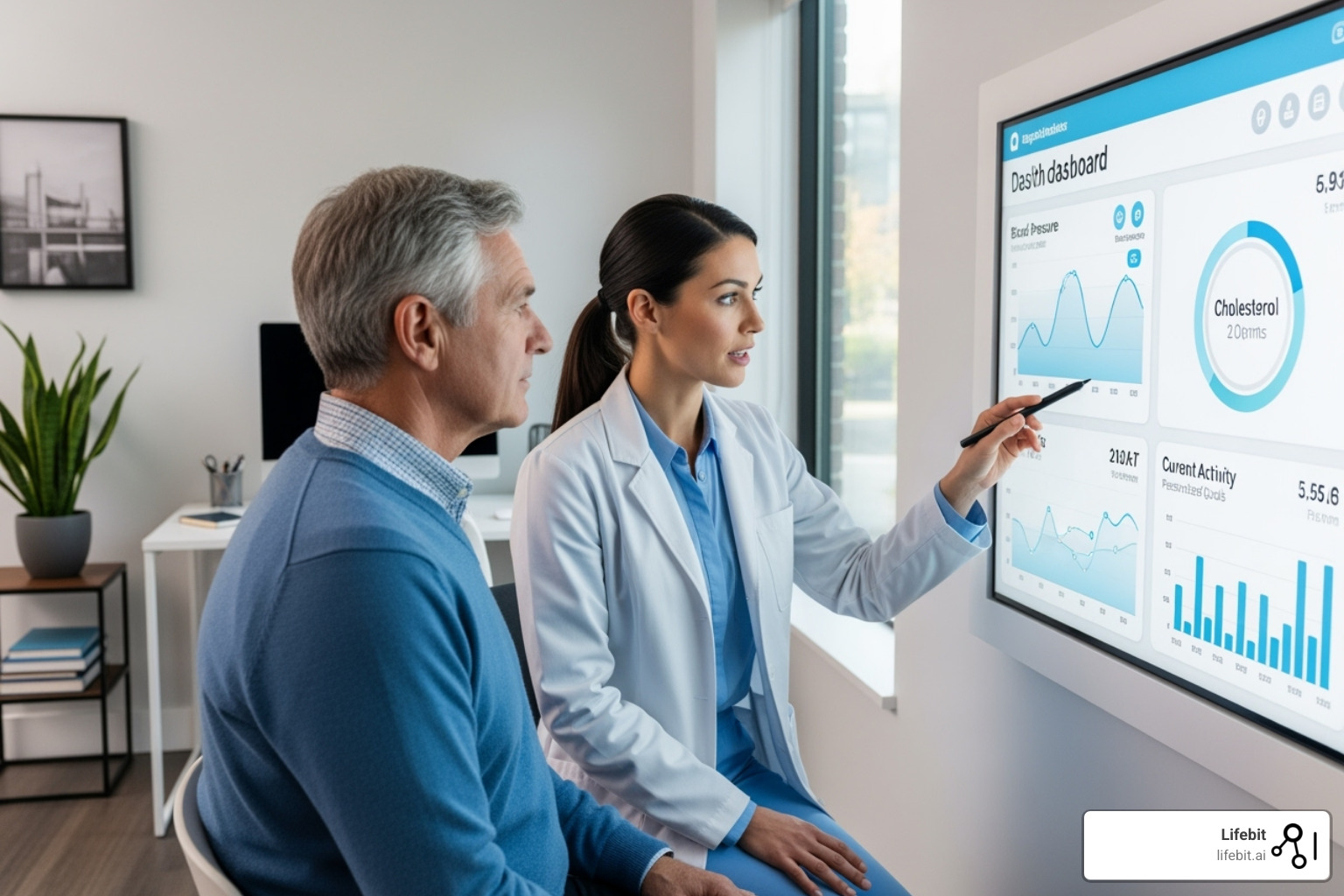 Clinician and patient reviewing a personalized health dashboard - Precision health data