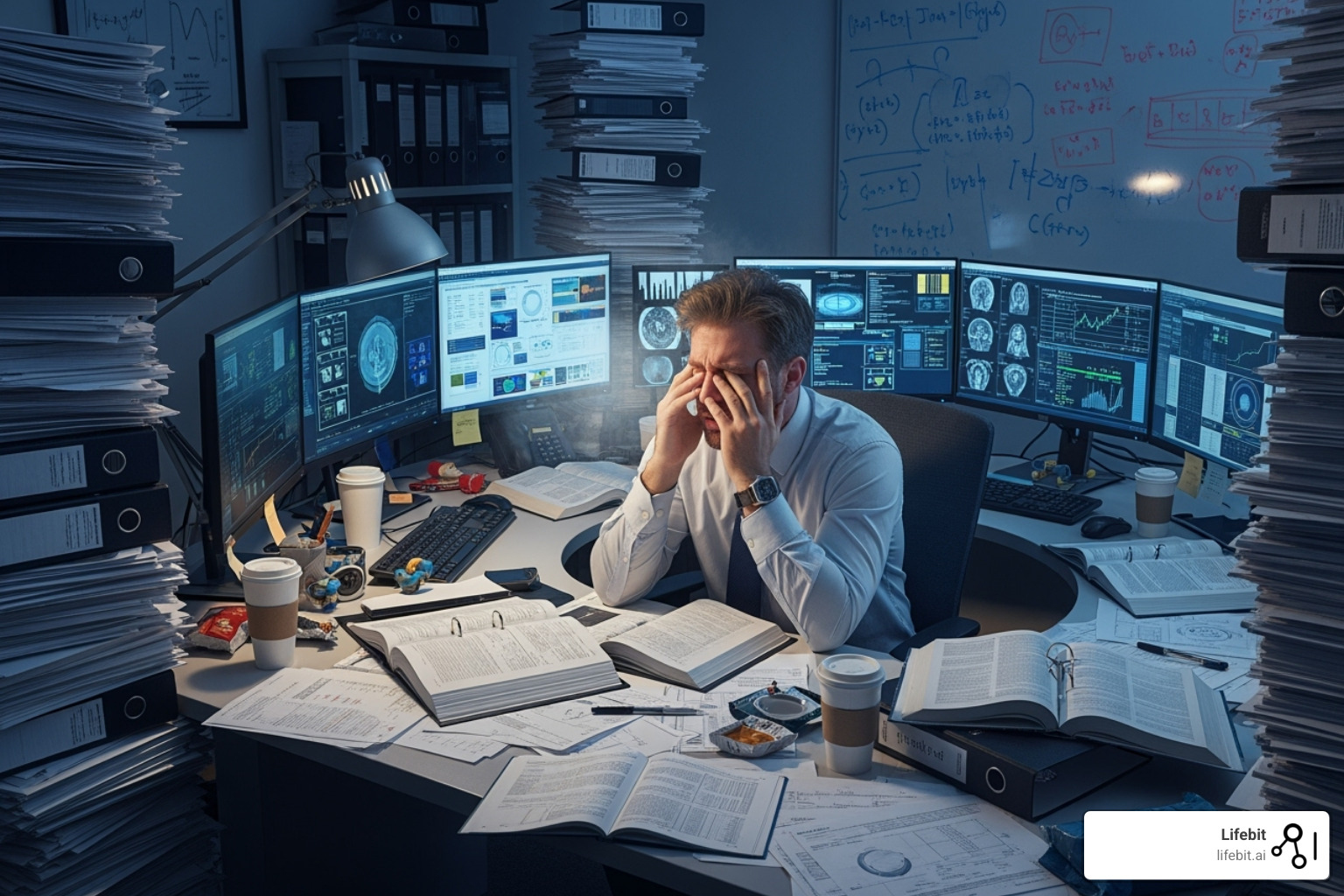 frustrated researcher surrounded by multiple screens and stacks of paper - clinical trial solution