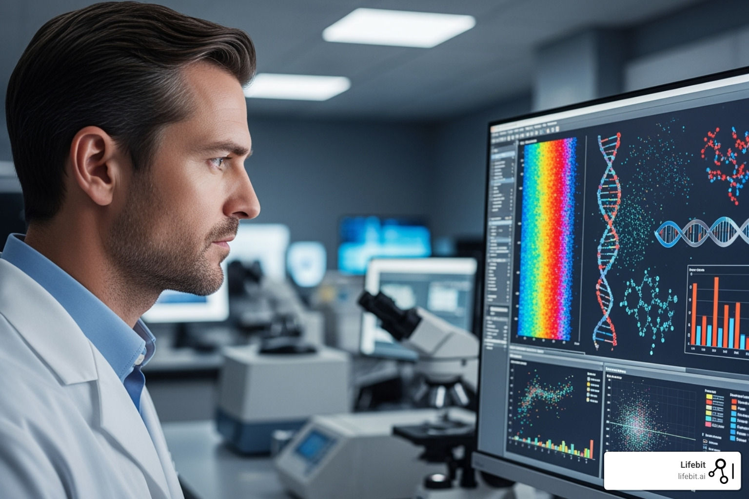researcher analyzing complex genomic data on a screen - clinical trial solution