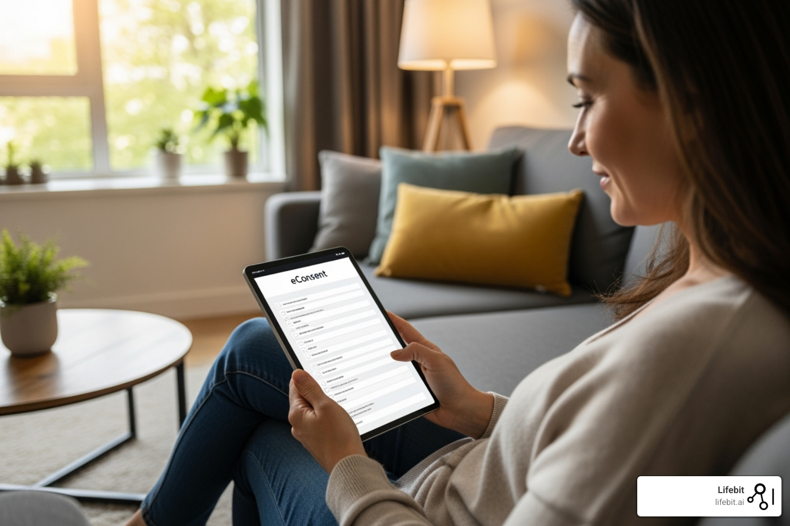 patient using a tablet for an eConsent form at home - clinical trial solution