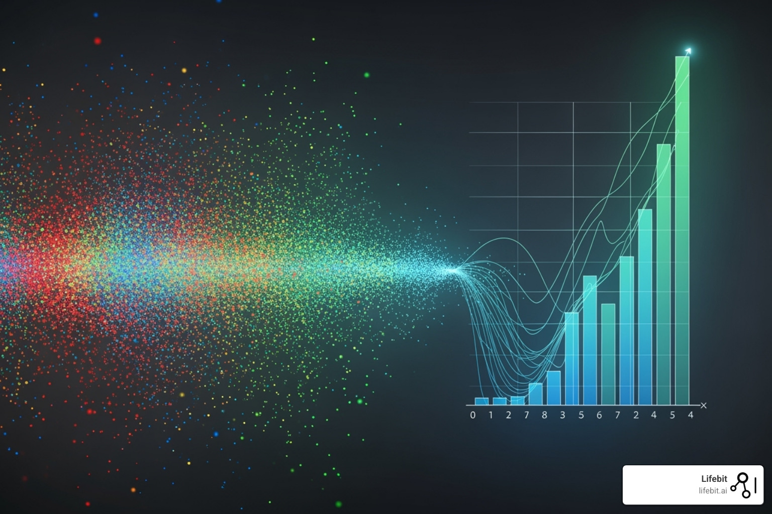 Data points changing into a clear graph of insights - real world data vs real world evidence