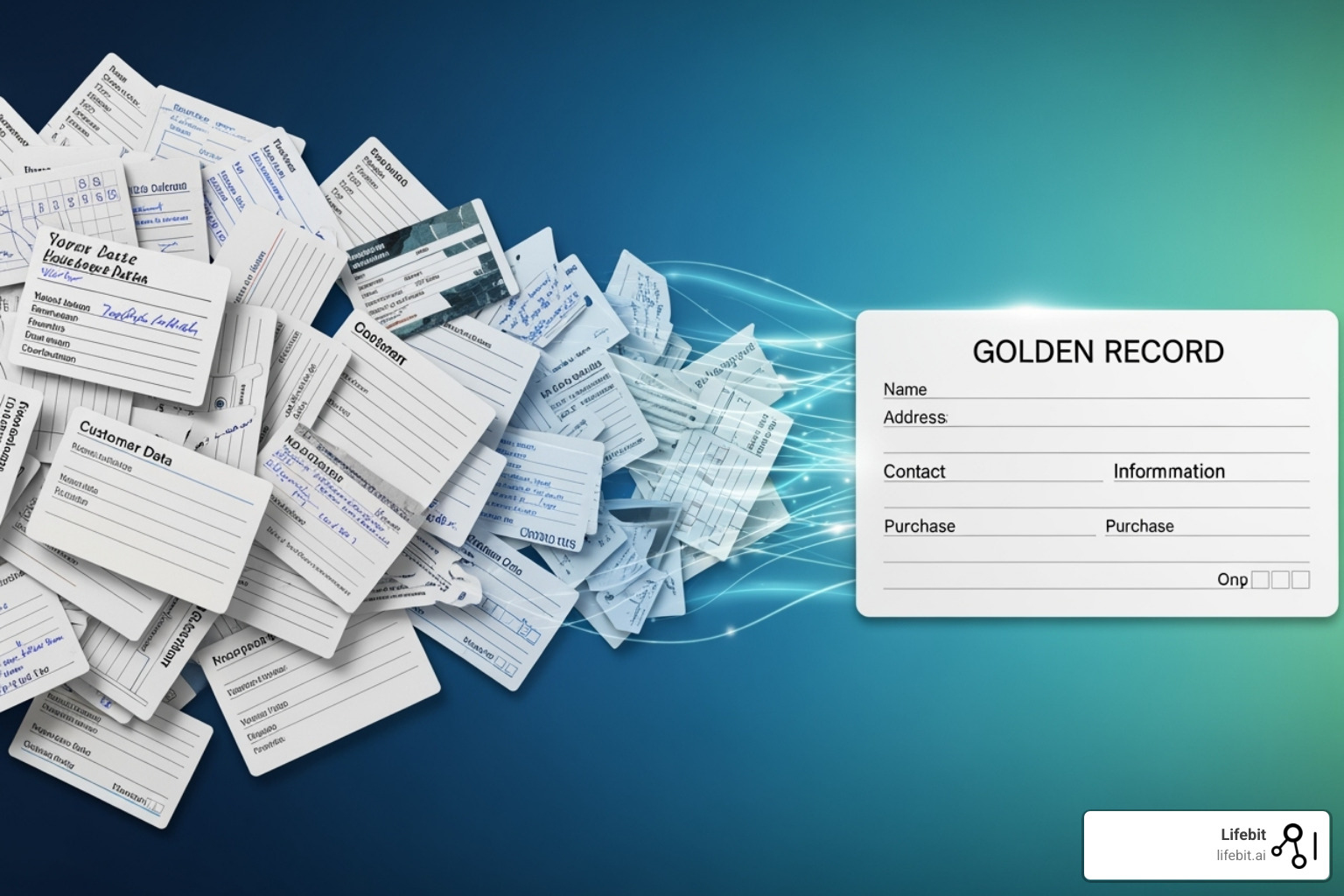 image showing multiple messy customer cards merging into one golden record - data match software
