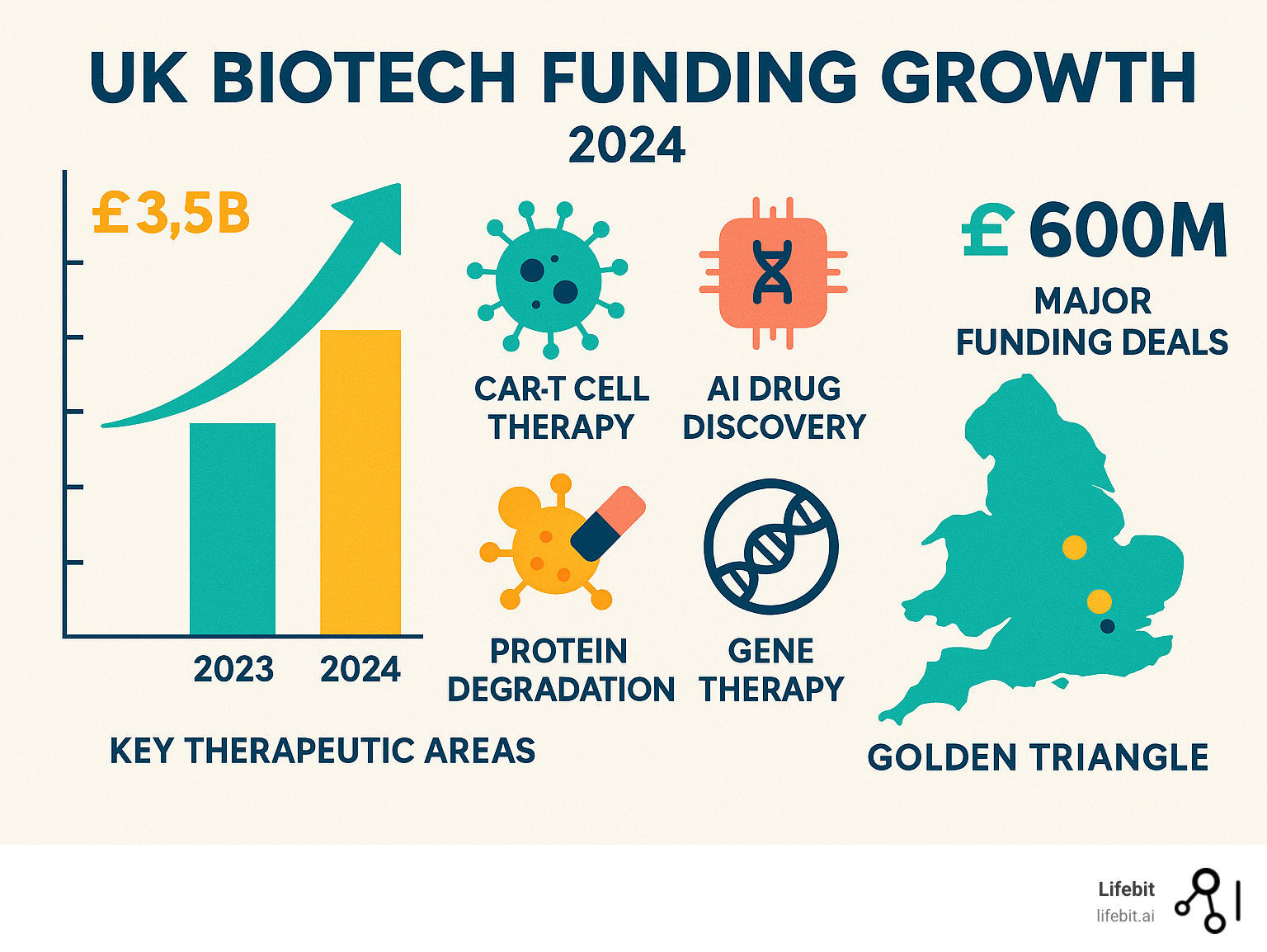 Infographic showing UK biotech funding growth from 2023 to 2024, key therapeutic areas including CAR-T cell therapy, AI drug findy, protein degradation, and gene therapy, major funding deals, and geographic distribution across the Golden Triangle - biotech companies uk infographic 