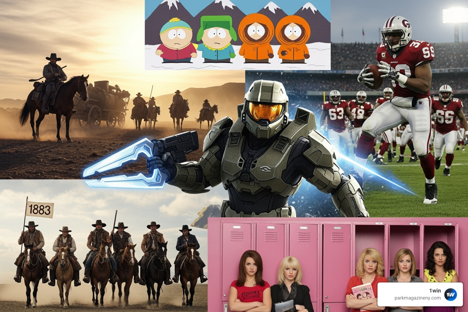 Collage of popular shows and movies on Paramount+ like 'Halo', '1883', 'Mean Girls', 'South Park', and NFL action - paramount plus login Collage of popular shows and movies on Paramount+ like 'Halo', '1883', 'Mean Girls', 'South Park', and NFL action - paramount plus login