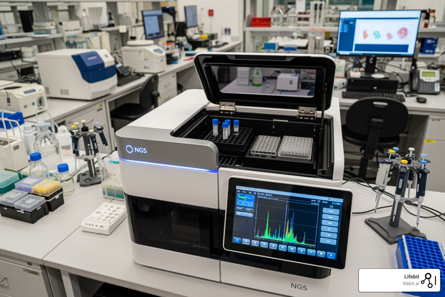 Image of a generic benchtop sequencer in a lab setting - next generation sequencing platform Image of a generic benchtop sequencer in a lab setting - next generation sequencing platform