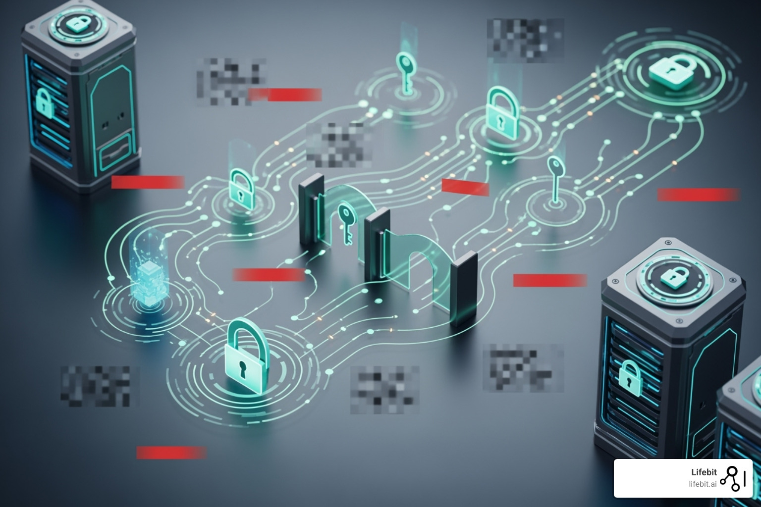 Illustration showing data encryption in transit and at rest, robust access controls, and data masking techniques protecting sensitive healthcare information - hipaa compliant analytics platforms