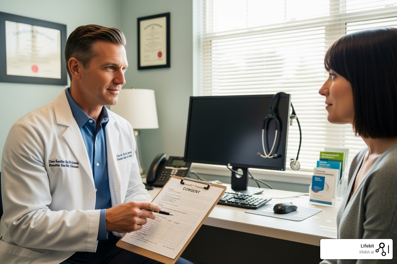 doctor explaining a consent form to a patient - medical trials