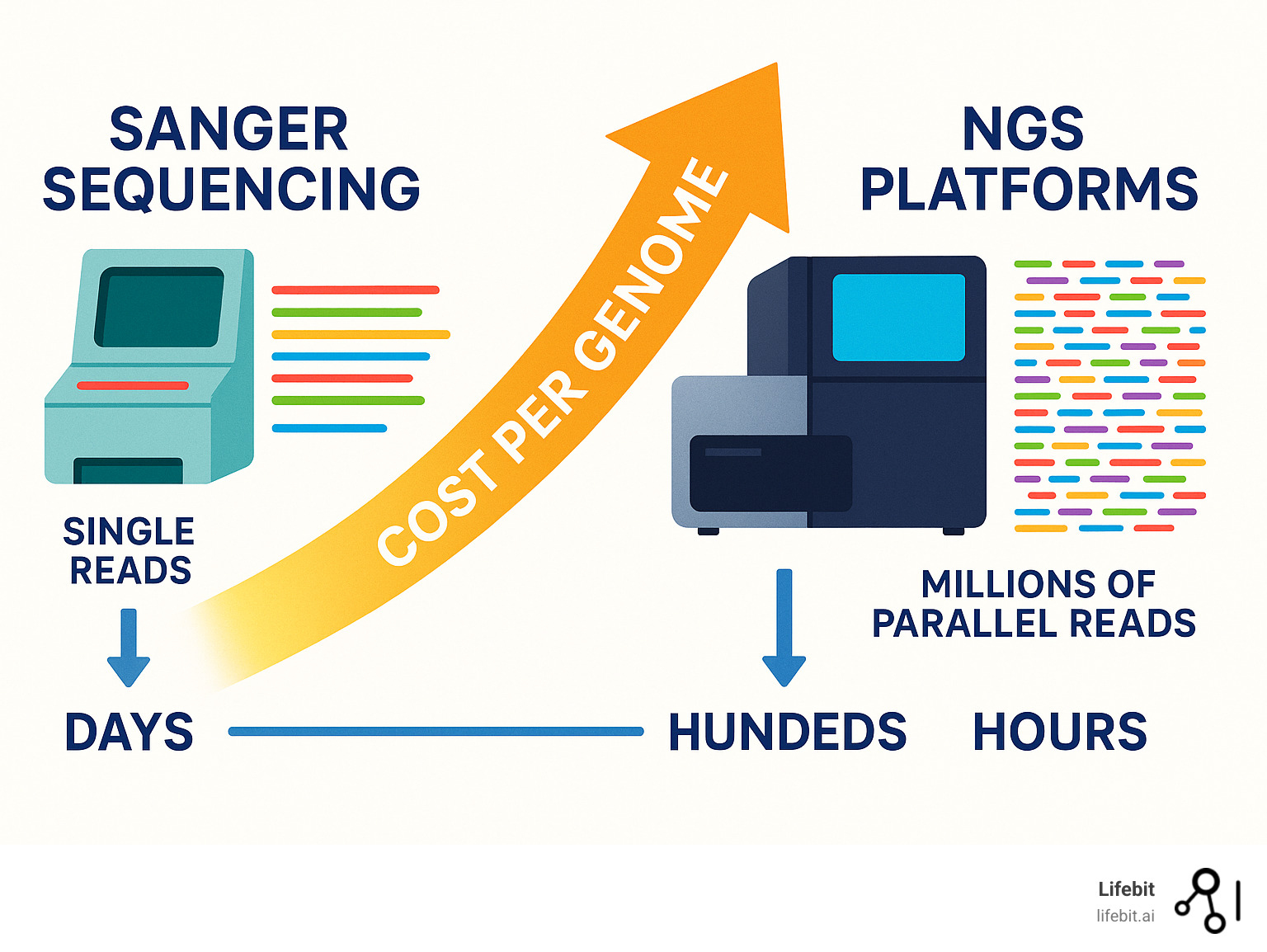 Infographic showing the evolution from Sanger sequencing producing single reads over days to modern NGS platforms generating millions of parallel reads in hours, with cost per genome dropping from billions to hundreds of dollars - next generation sequencing platform infographic Infographic showing the evolution from Sanger sequencing producing single reads over days to modern NGS platforms generating millions of parallel reads in hours, with cost per genome dropping from billions to hundreds of dollars - next generation sequencing platform infographic