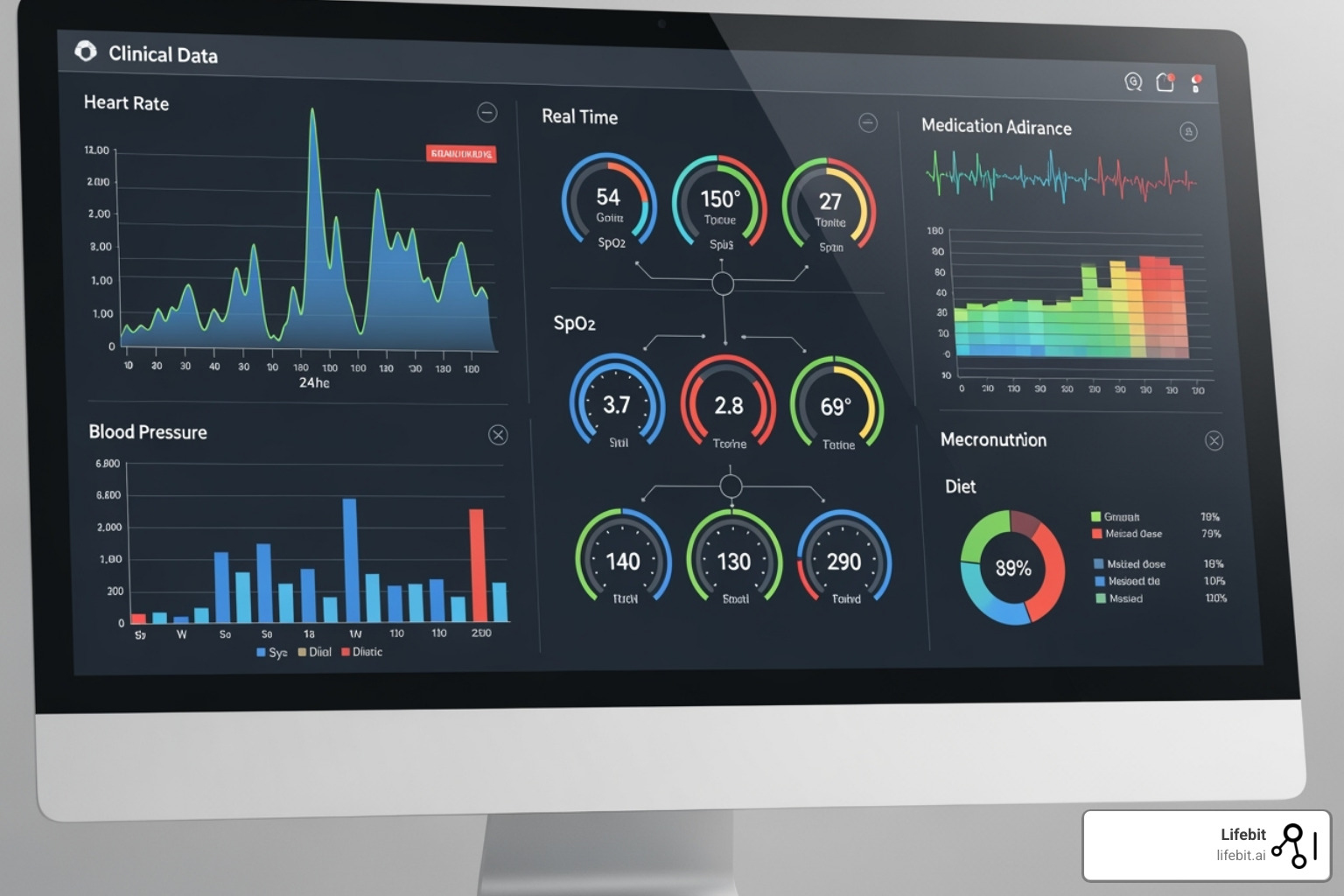 Image of a complex clinical data dashboard showing patient vitals and trends - clinical analytics software