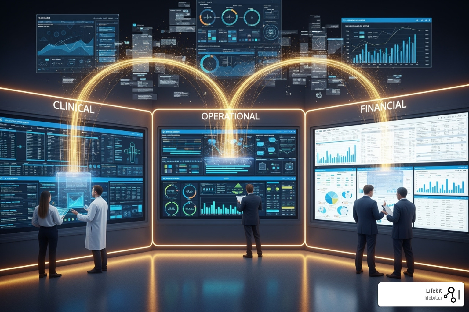 Image illustrating the different domains of healthcare analytics (clinical, operational, financial) - clinical analytics software