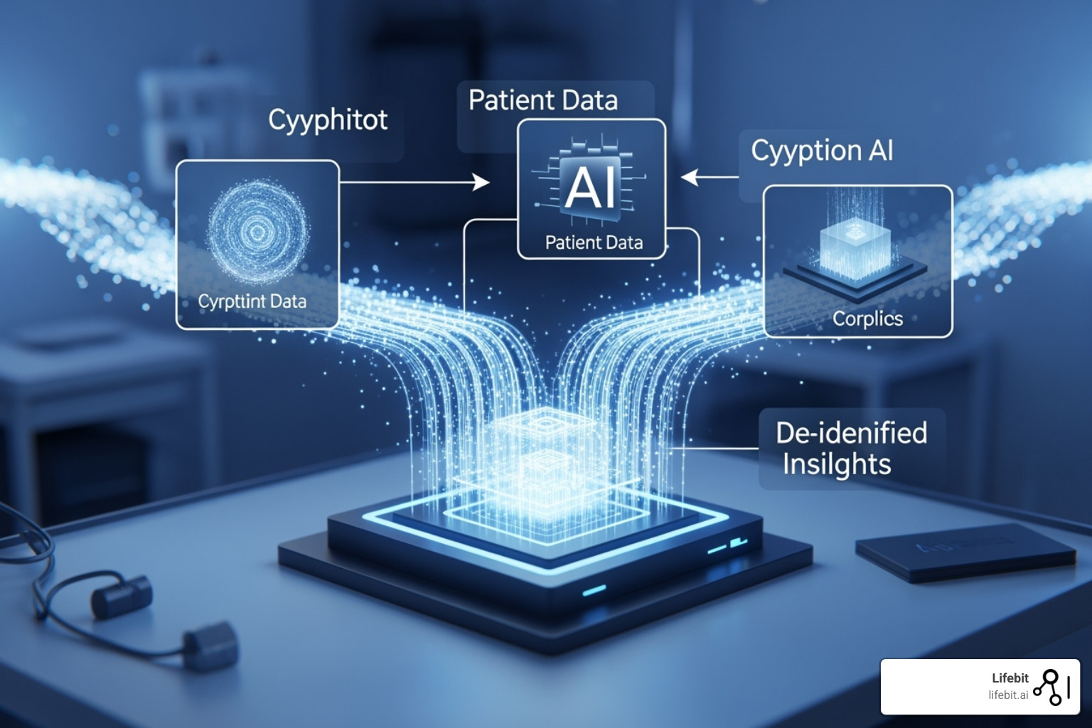Conceptual image of secure AI applications in healthcare, showing encrypted patient data flowing into an AI system that generates insights without revealing personal information - privacy preserving AI