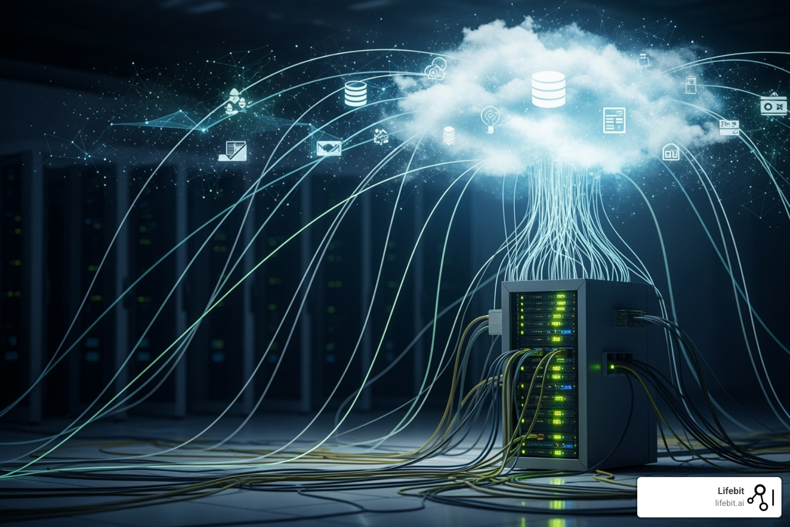 Federated architecture diagram showing analysis moving to distributed data sources - On-premise cloud integration
