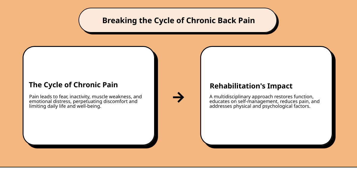 Infographic explaining the cycle of chronic back pain and how rehabilitation breaks it - back pain rehabilitation center infographic cause_effect_text