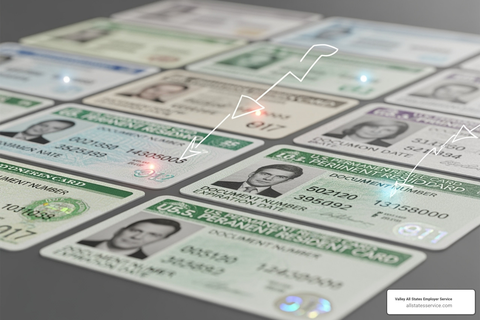 Image showing different versions of the Permanent Resident Card, with arrows pointing to the Document Number and Expiration Date - filling out i9 with permanent resident card