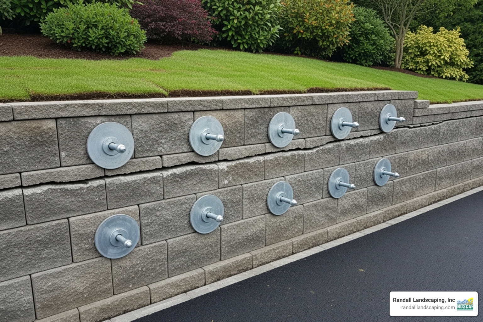 completed retaining wall repair with visible anchor plates - retaining wall anchors