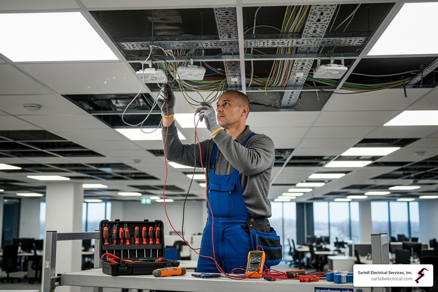 electrician working on a commercial lighting system - electrician boston ma