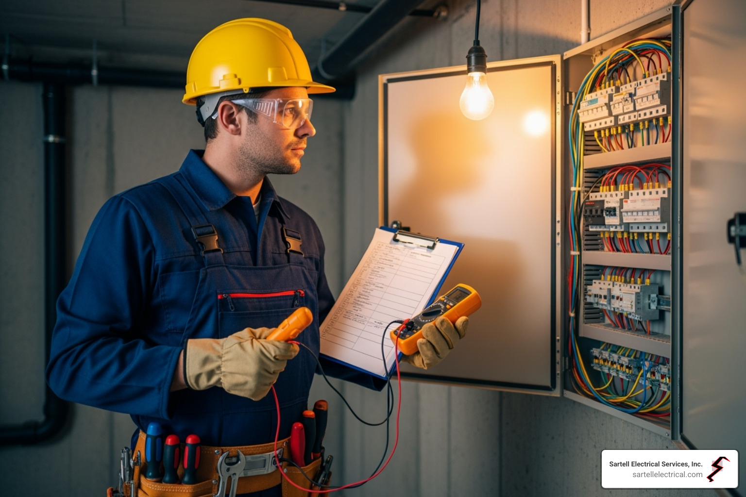 electrician performing a safety inspection with a checklist - electrician boston ma