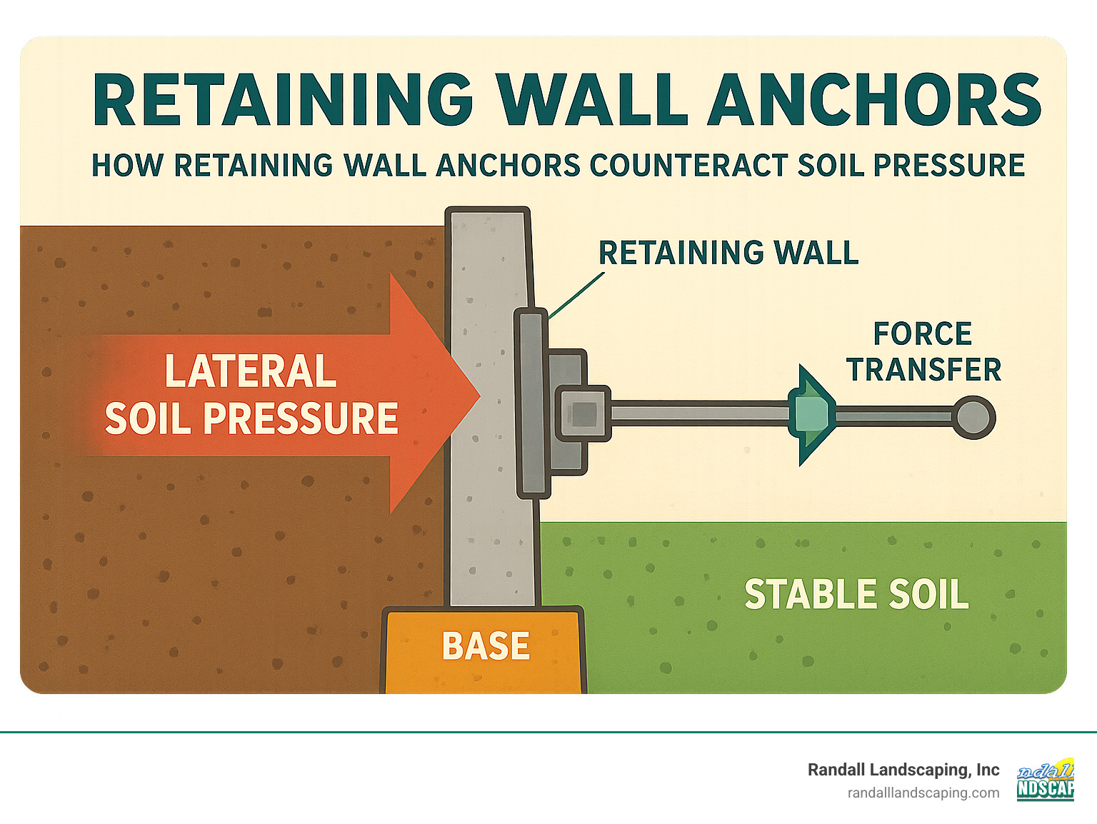 Detailed infographic showing how retaining wall anchors counteract soil pressure, with cross-section view of wall, anchor placement in stable soil, and arrows indicating force transfer from lateral soil pressure through anchor system - retaining wall anchors infographic 