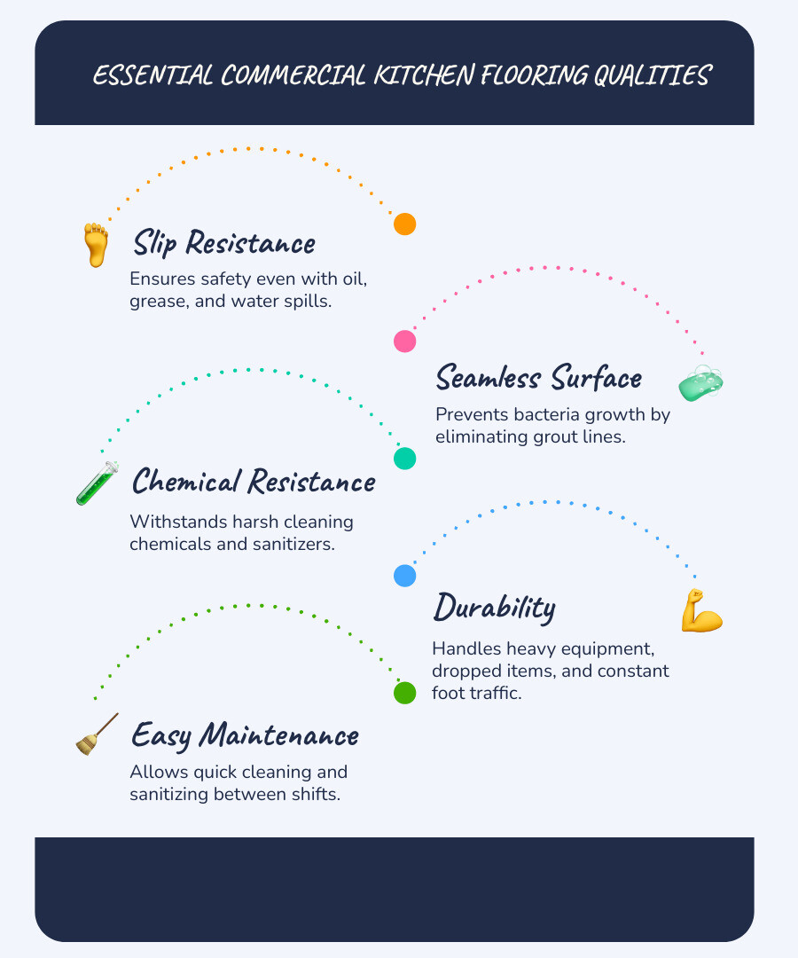 top 5 commercial kitchen flooring qualities - commercial kitchen flooring infographic infographic-line-5-steps-blues-accent_colors