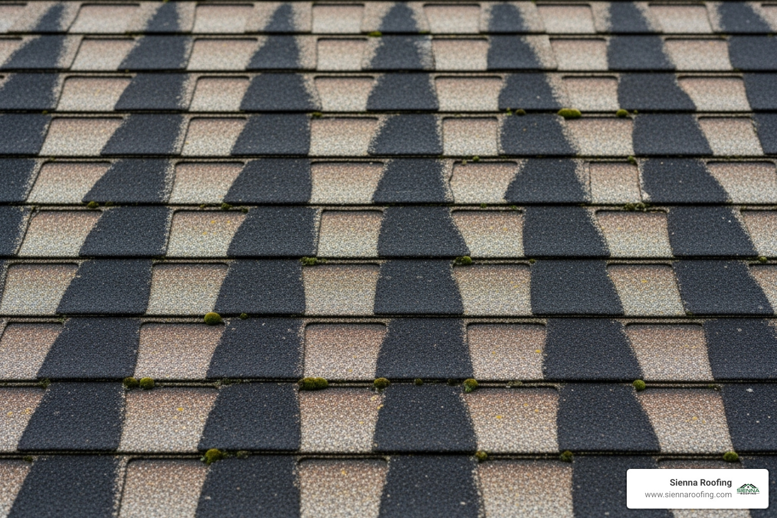 Dark black streaks (Gloeocapsa magma) on an asphalt shingle roof, clearly indicating the need for cleaning. - roof cleaning services sugar land tx