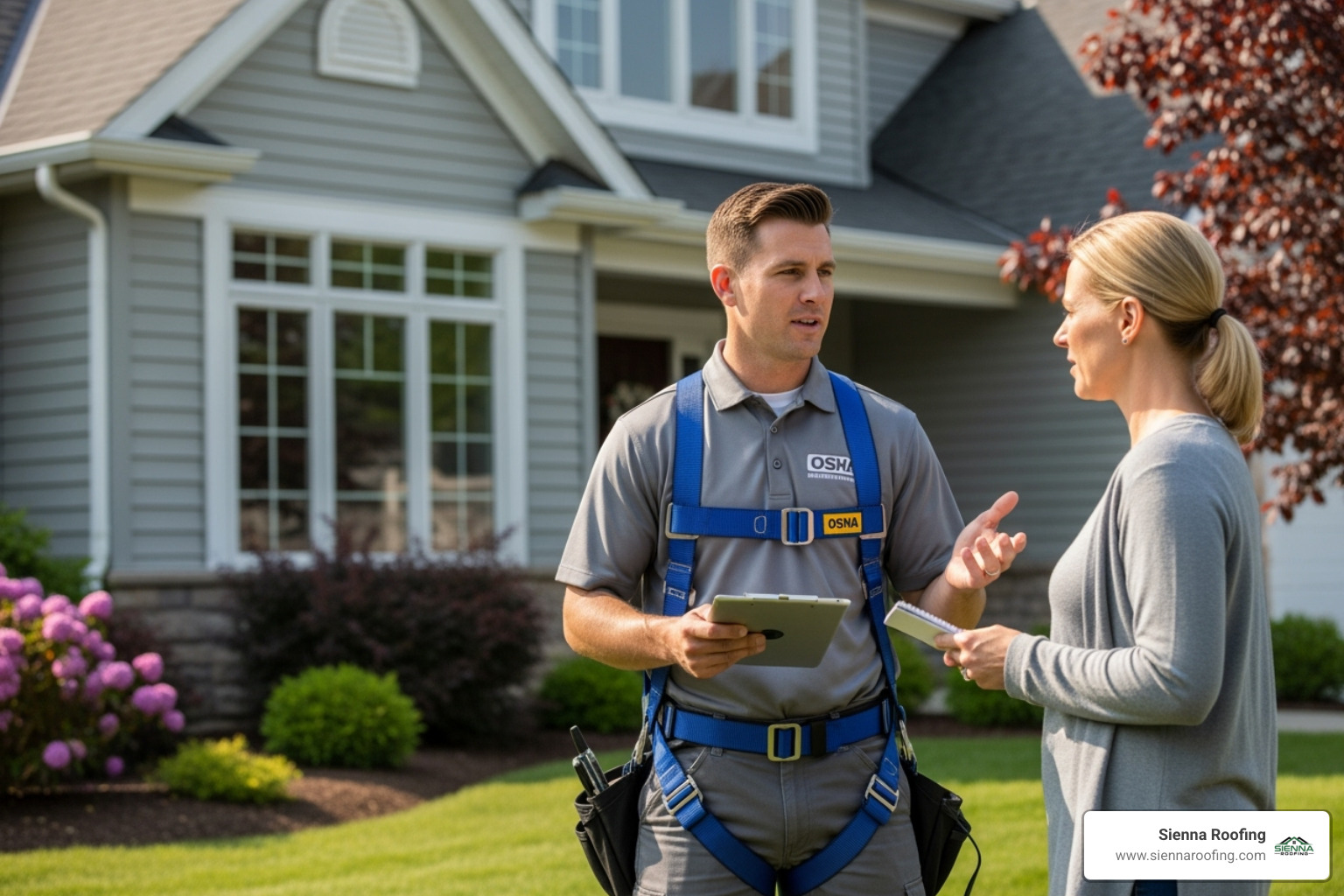 A uniformed professional providing a roof cleaning estimate to a homeowner, demonstrating transparency and professionalism. The roofer is wearing an OSHA-compliant safety harness. - roof cleaning services sugar land tx