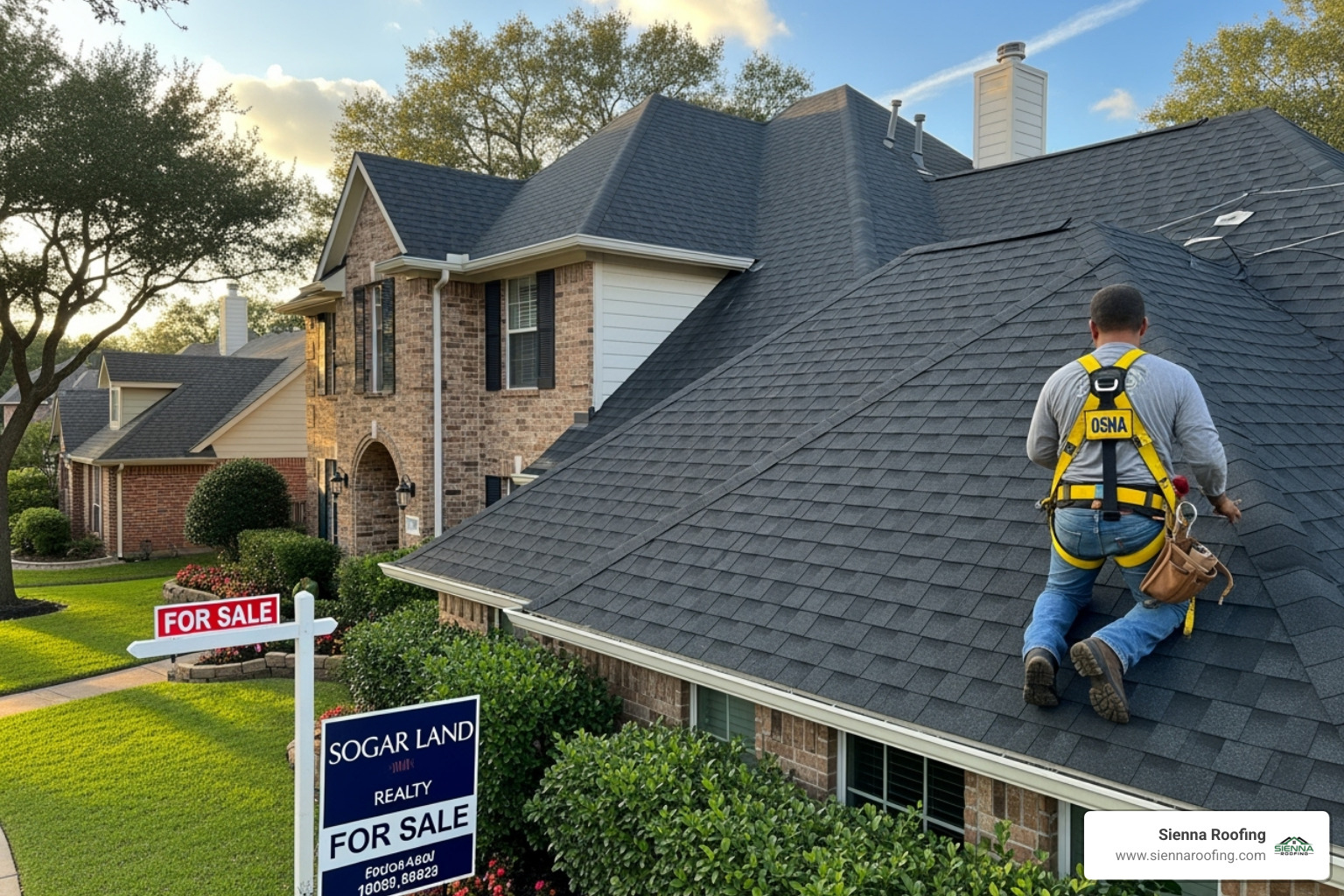 A beautiful Sugar Land home with a sparkling clean roof and a "For Sale" sign, showcasing improved curb appeal. The roofer in the image is wearing an OSHA-compliant safety harness while inspecting the roof. - roof cleaning services sugar land tx