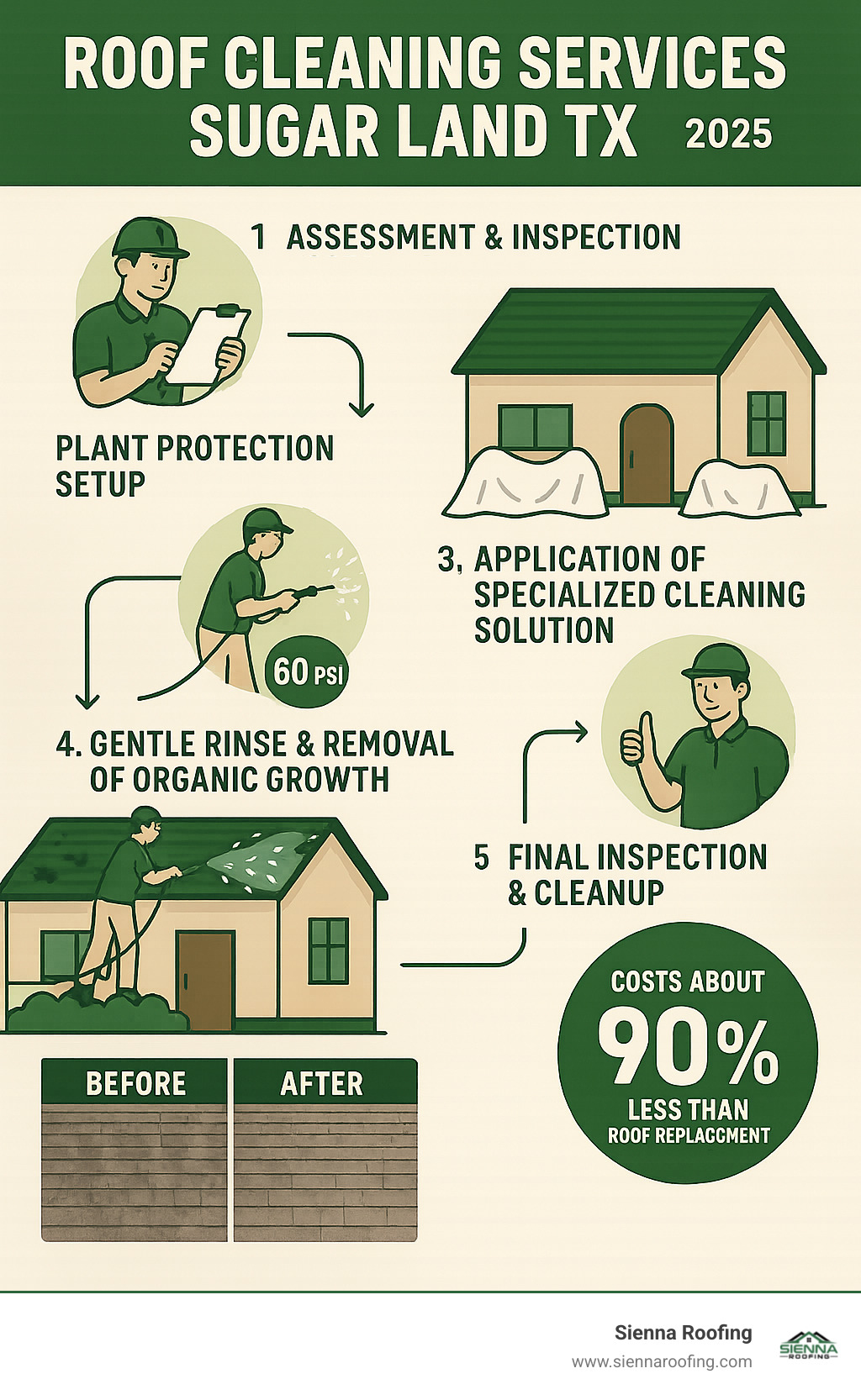 Comprehensive infographic showing the roof cleaning process: assessment and inspection, plant protection setup, application of specialized cleaning solution at 60 PSI, gentle rinse and removal of organic growth, final inspection and cleanup, with before/after comparison photos and cost savings statistics - roof cleaning services sugar land tx infographic 